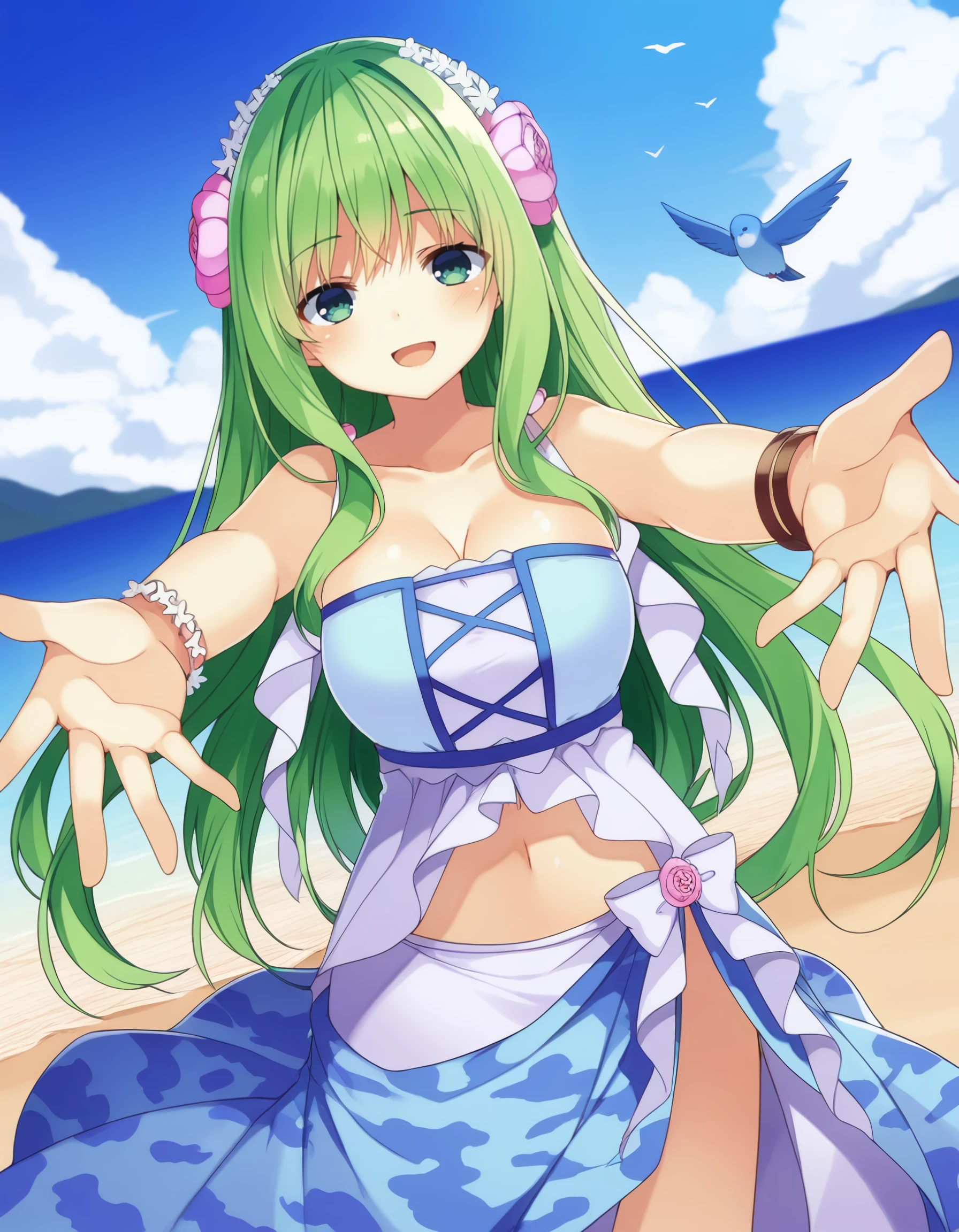 masterpiece, best quality, amazing quality,  <lora:seirei_gensouki_-_dryas_il:1> dryas, long_hair, green_hair, hair_ornament, hair_flower, green_eyes, blue_eyes, dress, by_mishima_kurone, :d, sky, smile, bow, day, bracelet, open_mouth, large_breasts, navel, blue_sky, outdoors, cleavage, cloud, outstretched_arms, beach, sarong, bird, dutch_angle, sideboob, breasts, jewelry, outstretched_hand, looking_at_viewer, Camouflage