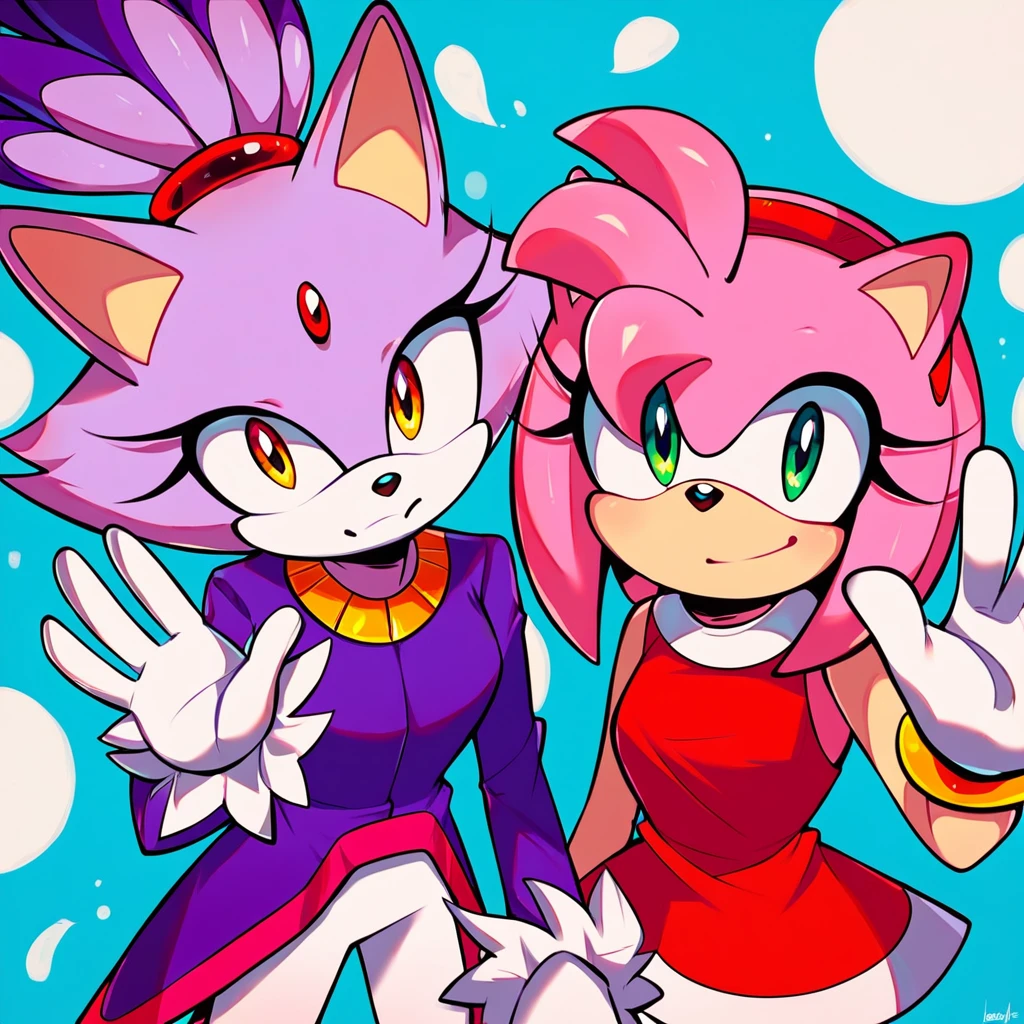 score_9_up, score_8_up, score_7_up, amy rose, smile, blaze the cat, frown, 2girls, furry, white gloves, waving at viewer, simple backgrond