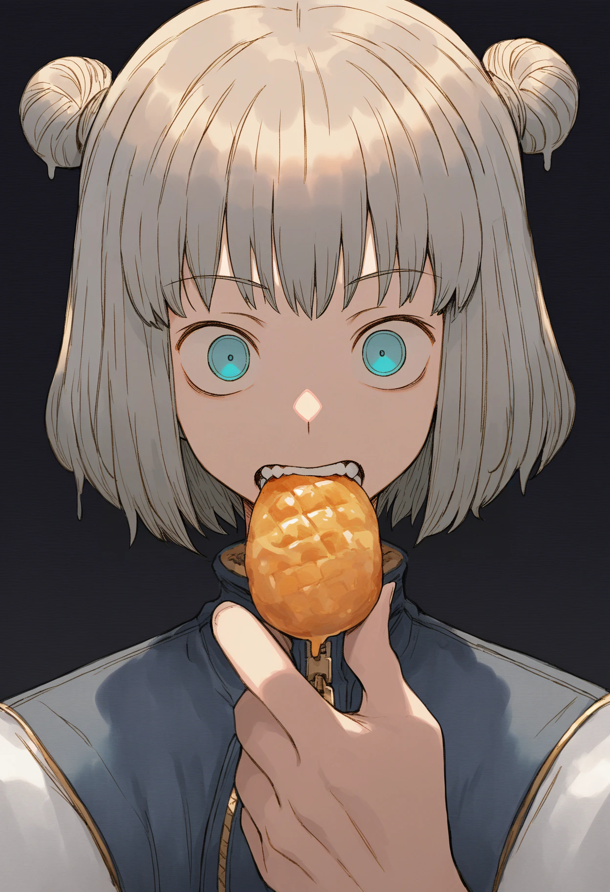 masterpiece, best quality, newest, absurdres, highres, 1boy, male focus, solo, looking at viewer, food, oberon (fate), black background, grey hair, simple background, blue eyes, hair bun, holding, dripping, holding food, eating, coat, food in mouth, portrait, short hair, teeth, melting, hand up, fingernails, zipper pull tab, upper body, hood, jacket, aqua eyes
<lora:andrewcockroach_ill:1>