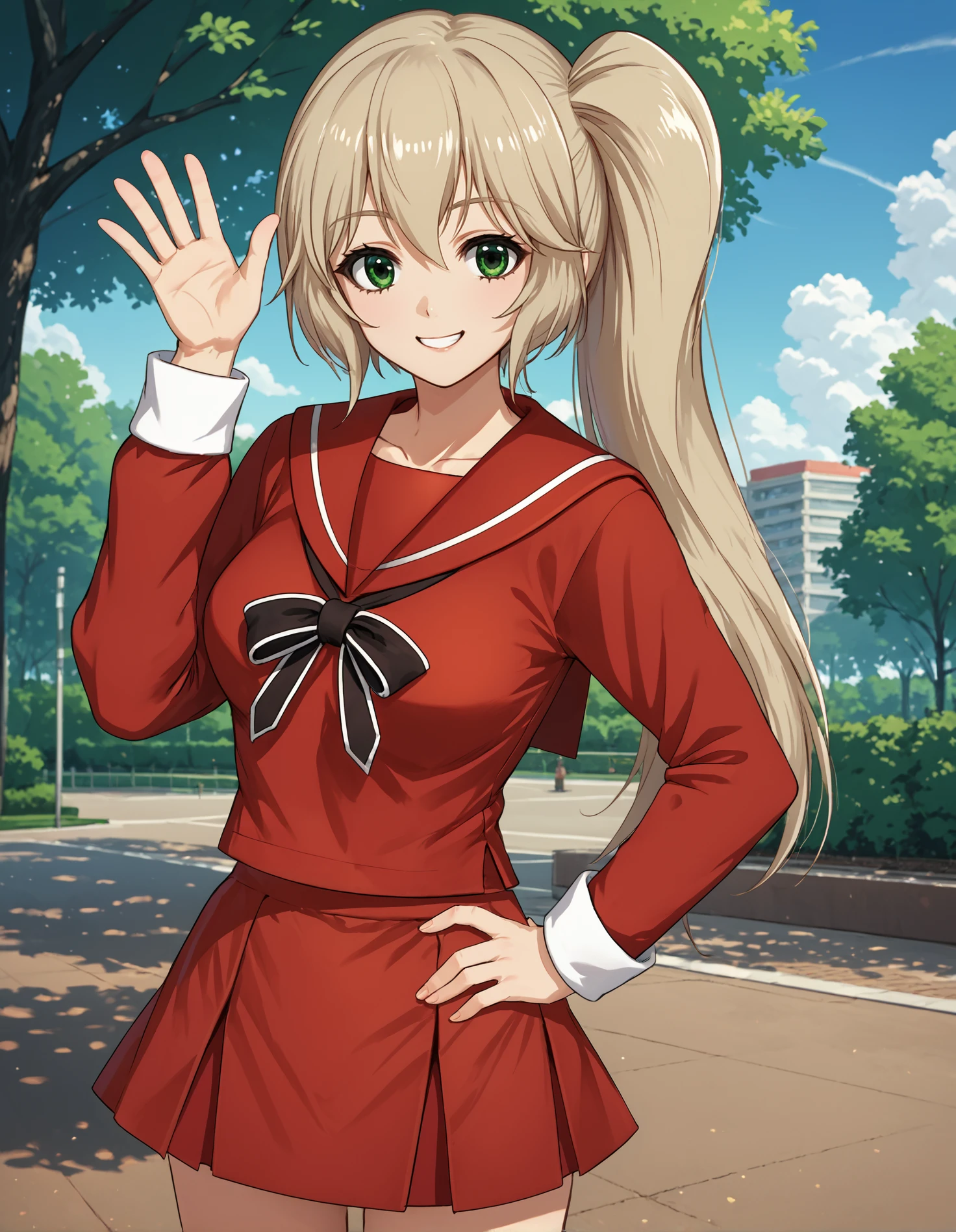 score_9, score_8_up, source_anime, 1girl, cowboy shot, detailed, dutch angle, pmmmorikomikuni, blonde hair, side ponytail, green eyes, red shirt, red sailor collar, red skirt, black bowtie, hand up, hand on hip, waving, smiling, outdoors, park, day, sky, clouds, (side view:0.75), <lora:pmmmorikomikuni_XL:0.9>