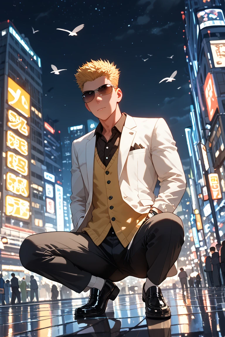 score_9, score_8_up, score_7_up, source_anime, rating_explicit, realistic shading, dim lighting, male focus, looking at viewer, expressive face, yasuocsc, blonde_yasuocsc_male hair, 1boy, squatting, serious, shiny skin, full body, hands in pocket, formal attire, shades, covered eyes, suit, pants, black footwear, cosplay, outdoors, floating object, floating papers, cityscape, dark environment, night sky, white bird, from below, dutch angle, dynamic angle, intricately detailed illustration, depth of field, masterpiece, best quality, amazing quality, very aesthetic, absurdres, newest, atmospheric perspective, anime screencap