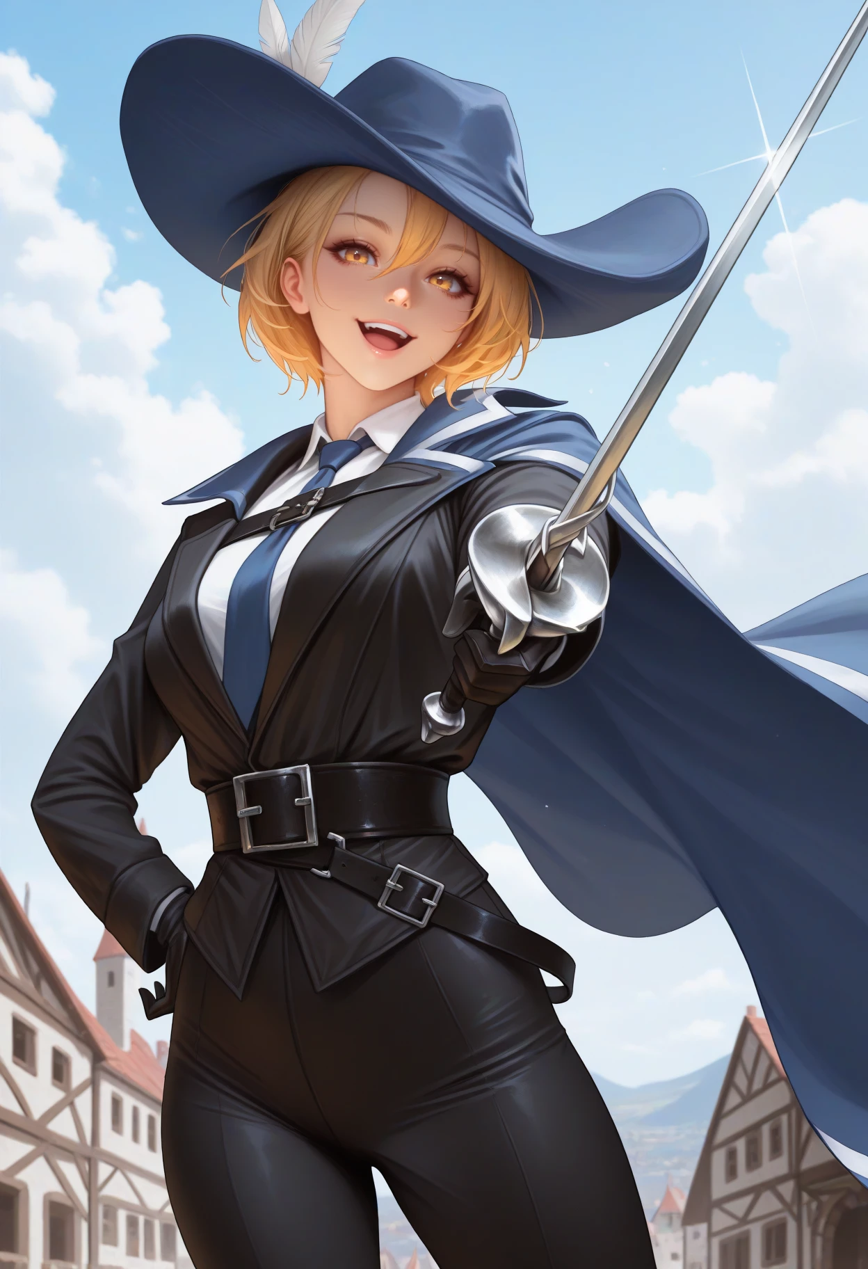 masterpiece, best quality, realistic, (foreshortening:1.1), solo, 1girl, dnqxcinq, :d, upper teeth only, looking at viewer, standing, holding weapon, rapier, pointing at viewer, hand on own hip, short hair, blonde hair, blue headwear, hat feather, yellow eyes, blue cape, black jacket, long sleeves, white shirt, collared shirt, blue necktie, black gloves, black pants, multiple belts, black belt, chest belt, outdoors, blue sky, cloud, town, medieval, glint
<segment:yolo-Anzhc Face seg 640 v2 y8n.pt,0.4,0.5//cid=1>