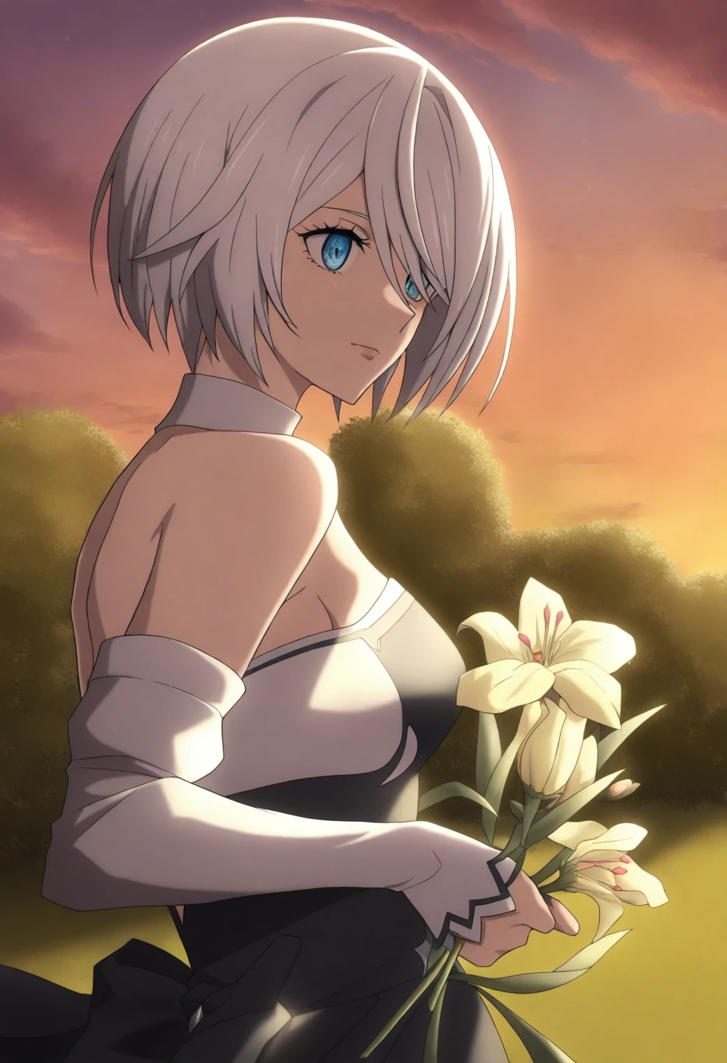 <lora:2B (YoRHa 2-gou B-gata) - [NieR - Automata Ver1.1a] - illustriousXL v1:1>, sysdeep_2b, style parody, white hair, blue eyes, solo, Garden archway, strapless gown, holding flowers, twilight setting