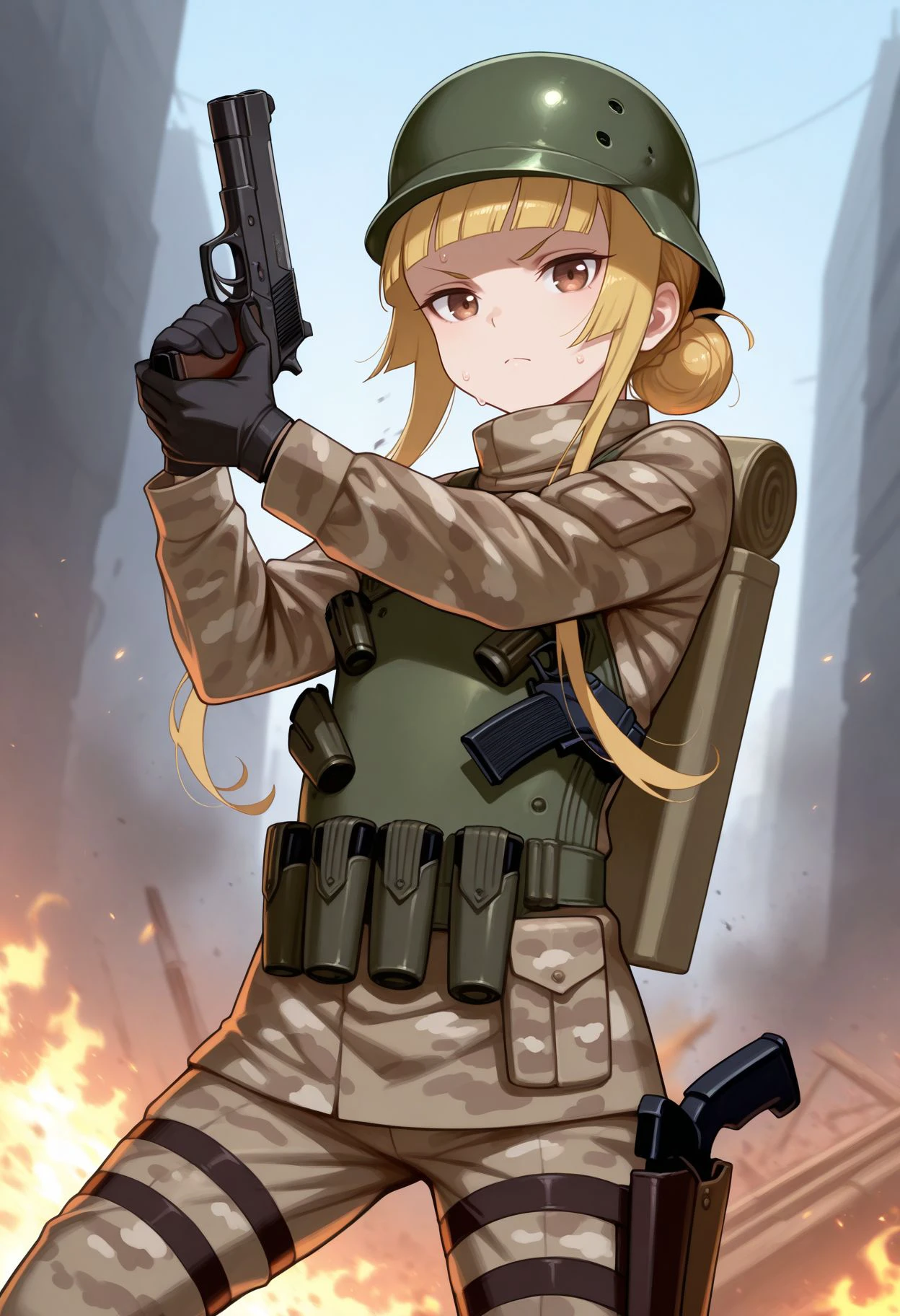 masterpiece, best quality,    <lora:Sao Fuka v2:1> fuka (sao), 1girl, blonde hair, brown eyes, long hair, sidelocks, blunt bangs,  helmet, short, military uniform, holster, camouflage jacket, black gloves, long sleeves holding weapon, handgun, m1911, dynamic pose, outdoors, ruined site, sweat, serious, looking at viewer, standing, holding gun, handgun, fire, aiming