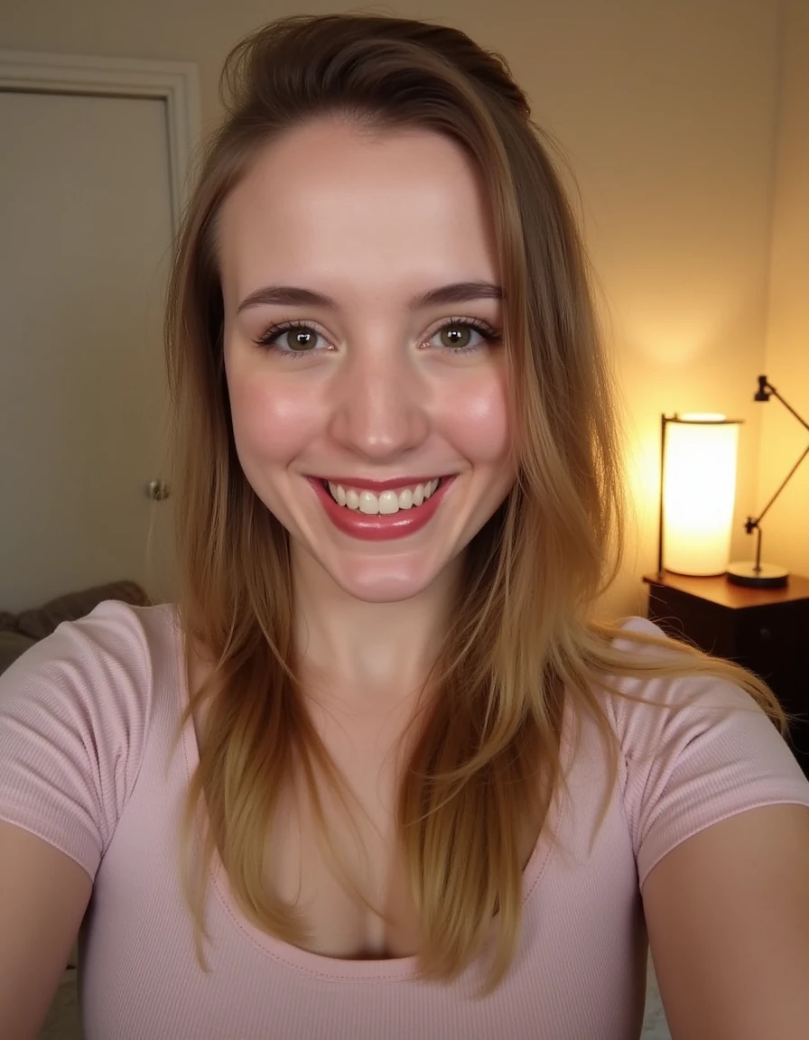 This is a selfie of 3L41R1D4, a beautiful detailed photograph, light makeup, standing in a room looking at the viewer, lamp light illuminating her face, smiling, showing her teeth.