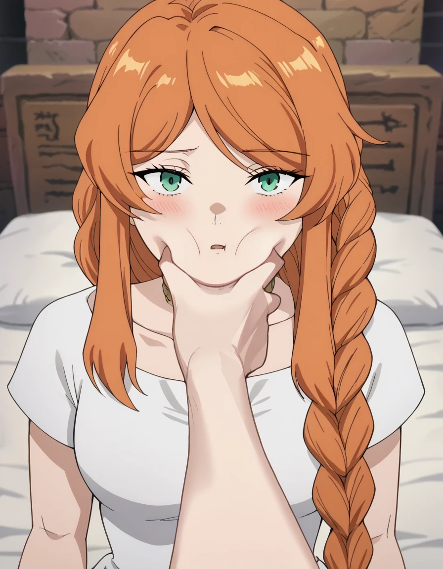 score_9, score_8_up, score_7_up, source_anime, <lora:flamme-s1-ponyxl-lora-nochekaiser:1>, flamme, long hair, green eyes, swept bangs, braid, orange hair, single braid, braided ponytail, medium breasts, anime screencap, dress, collarbone, choker, white dress, short sleeves,, prison cell, bars, bed, stone walls, isolation, , <lora:pov-cheek-grabbing-ponyxl-lora-nochekaiser:1> pov cheek grabbing, pov cheek grabbing (meme), meme, squeezing cheeks, pov hands, cheek squash, face grab, pov, blush, parted lips, bed room,, cowboy shot, looking at viewer,, looking at viewer, solo,, dutch angle, cowboy shot