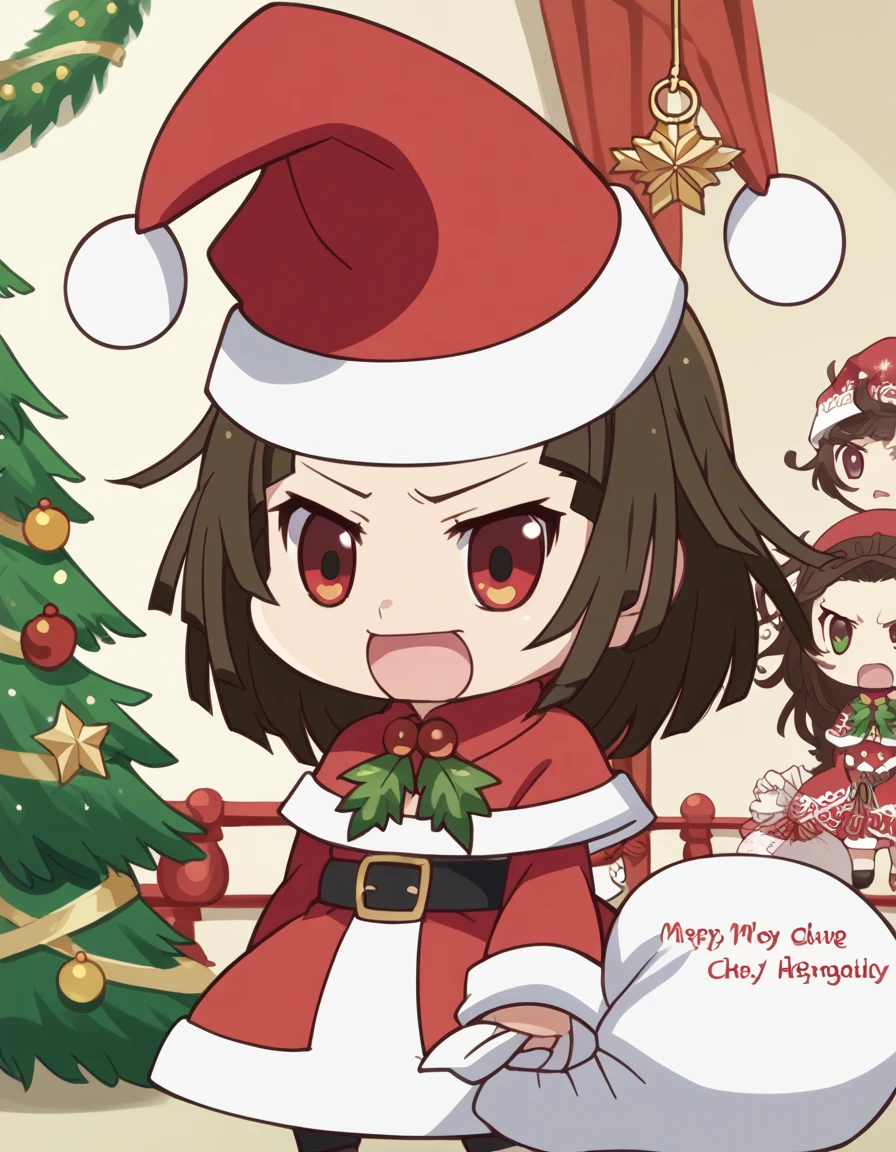 score_9, score_8_up, score_7_up, source_anime, <lora:nadeko-sengoku-offmonster-ponyxl-lora-nochekaiser:1>, nadeko sengoku, anime screencap, <lora:padoru-ponyxl-lora-nochekaiser:1>, padoru, padoru (meme), holding sack, sack, santa hat, meme, christmas, open mouth, chibi, red capelet, santa dress, capelet, fur-trimmed headwear,, , dutch angle, cowboy shot