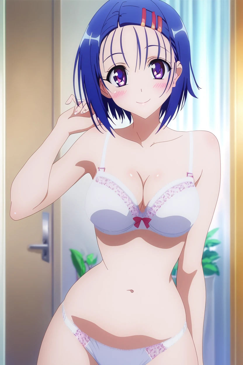 masterpiece, 1girl, solo, smile, smirk, open mouth, (purple black hair), twin tails, race queen, rq, tedeza rize, standing, (hand on own hip), looking at viewer, bra and panties, Intricate Iris Details