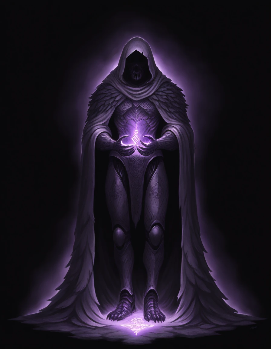 mm-style, monochrome, black background, (body is composed of smooth, black stone, with intricate, glowing runes carved into its surface., Draped in a cloak of dark feathers, the figureâs hands are metallic claws, glowing with a faint purple light.), mechanical ,horror, dark fantasy, full body, <lora:Monochrome_Monsters_IllustriousXL:0.45>