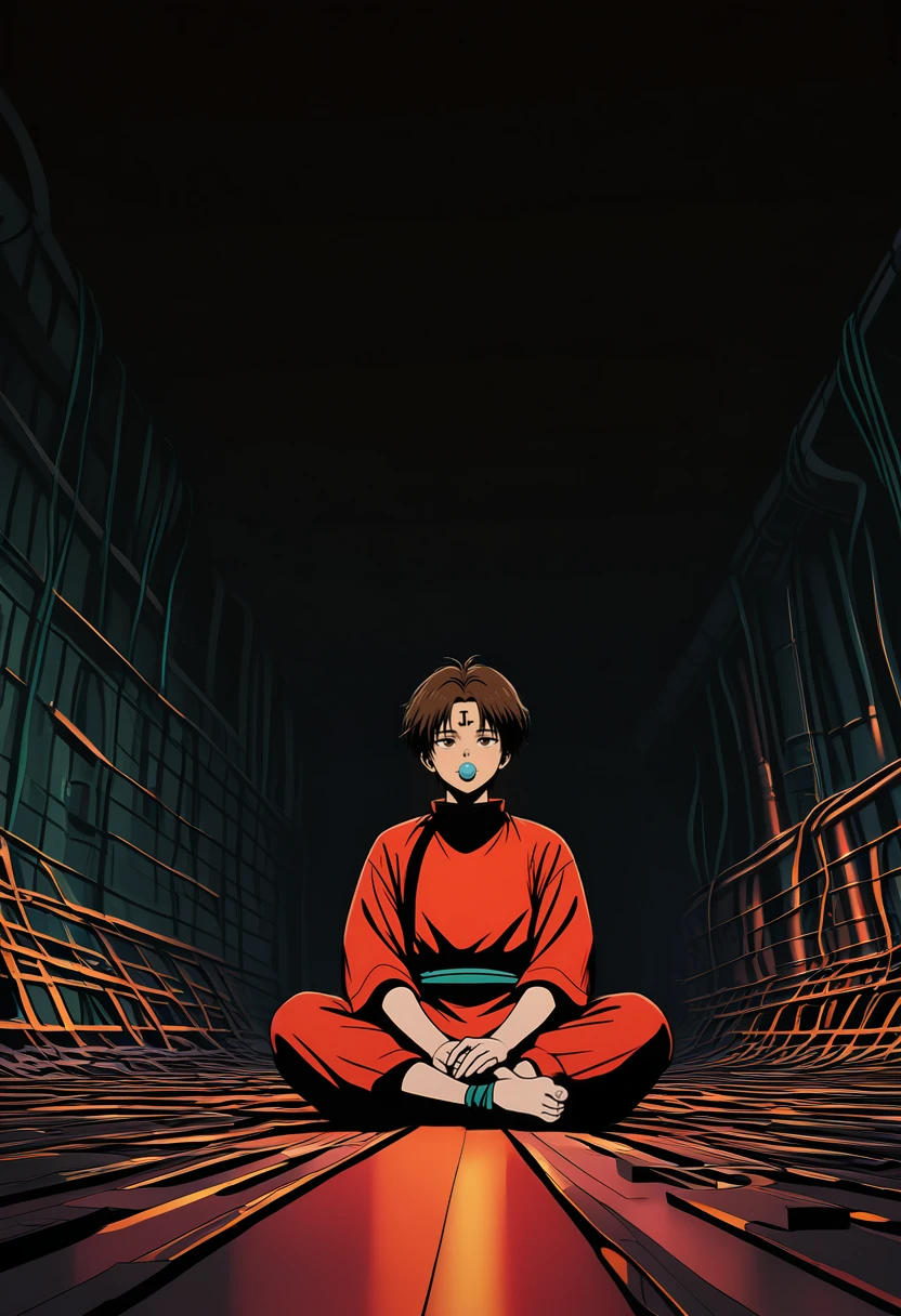 masterpiece, best quality, vibrant, very aesthetic, high contrast, 1boy, <lora:Koenma_ILLU:0.8> knma_yyh, forehead mark, pacifier, traditional costume, sitting with hands around her ankles, factory, masterwork, raytracing, highly detailed, absurdres, masterful composition, cinematic lighting, rim lighting