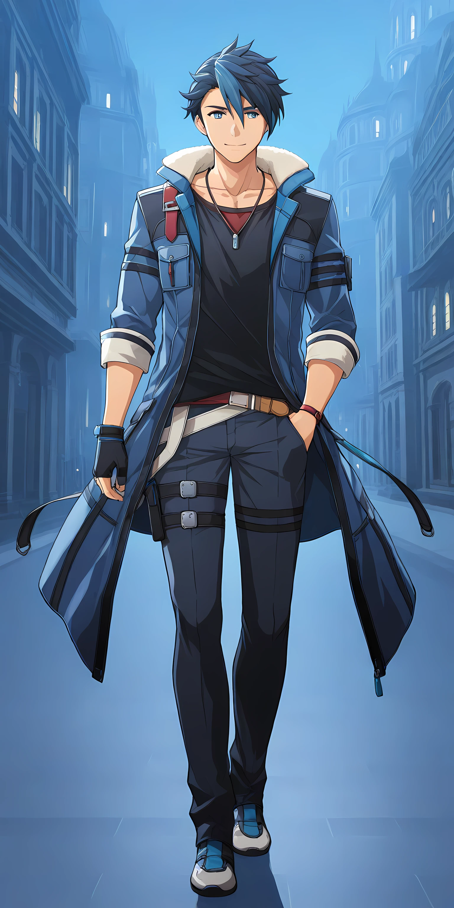 van arkride, 1boy, male focus, solo, jewelry, blue hair, necklace, blue eyes, full body, single glove, city background, smile, full body, midnight, <lora:VanArkrideIllustXL:1>, (masterpiece),(best quality),(ultra-detailed),(best illustration),(best shadow),(absurdres),(detailed background),(very aesthetic),