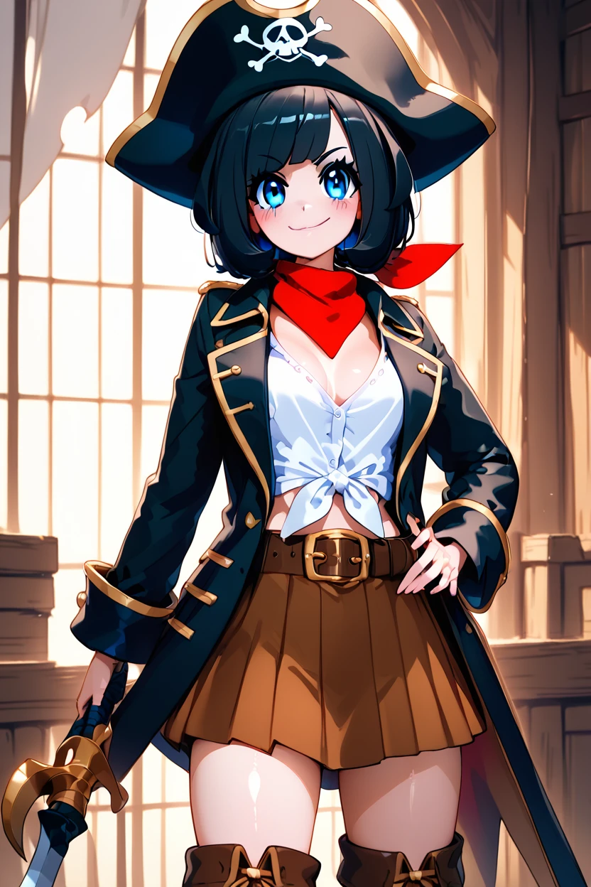 score_9, score_8_up, score_8, medium breasts, (curvy), cute, eyelashes,      ,,,  zzSSeleneCitron, blue eyes, black hair, short hair,  shirt, hat, white shirt, pirate hat, skirt, thighhighs, boots, belt, brown skirt,  <lora:SwashbucklerSelenePDXL:1.0>, BREAK, smile, closed mouth, looking at viewer, cowboy shot,  ,,, embedding:zPDXL, Expressiveh, ,,, <lora:MantisStyle_PDXL_v2:0.8>, <lora:SDXLFaeTastic2400:0.5>, <lora:Expressive_H-000001:0.4>,