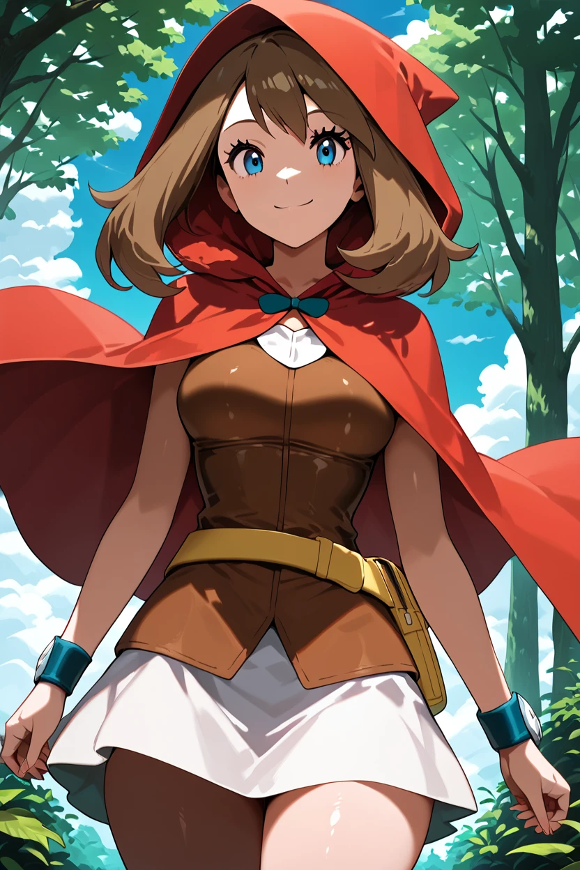 score_9, score_8_up, score_8, medium breasts, (curvy), cute, eyelashes,      ,,,  zzRedMayCitron, blue eyes, brown hair, long hair, medium hair, skirt, hood, hood up, outdoors, white skirt, red hood,  <lora:LittleRedMayPDXL:1.0>,  BREAK, smile, looking at viewer, cowboy shot, ,,, outdoors, sky, day, cloud, tree, blue sky, sunny,  ,,, Expressiveh, ,,, <lora:Alola_Style_PDXL:0.8>, <lora:Expressive_H-000001:0.4>,