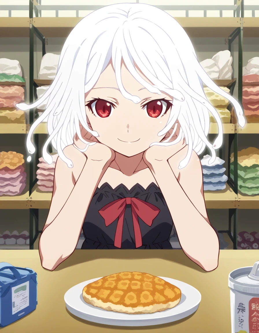 score_9, score_8_up, score_7_up, source_anime, <lora:nadeko-sengoku-offmonster-ponyxl-lora-nochekaiser:1>, nadeko sengoku, anime screencap, short hair, red eyes, dress, ribbon, bare shoulders, white hair, snake hair,, gym storeroom, equipment, supplies, cleaning, storage, smile, <lora:pov-across-table-ponyxl-lora-nochekaiser:1> pov across table, pov dating, restaurant, table, meal, care, cup, head rest, smile, elbow on table, food, elbow rest,, looking at viewer, solo,, dutch angle, cowboy shot