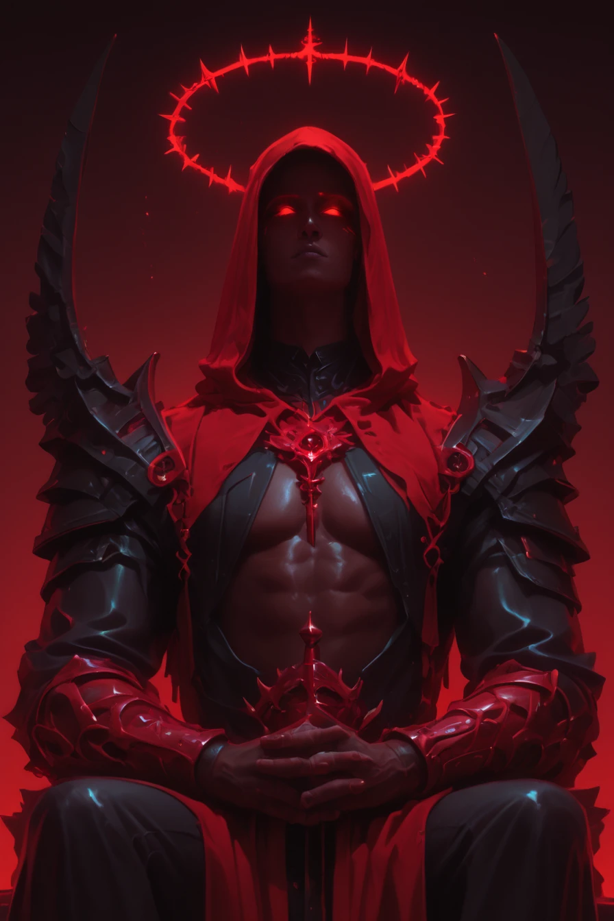 score_9, score_8_up, score_7_up, upscale 2x, (A white and red hooded priest with dark skin, glowing eyes in the style of Guweiz, halo above head, sitting on his throne, black spiky collar around neck, holding up hand to shoulder, dark crimson background, ultra realistic, hyper detailed:1.2) amazing quality, hkdevil