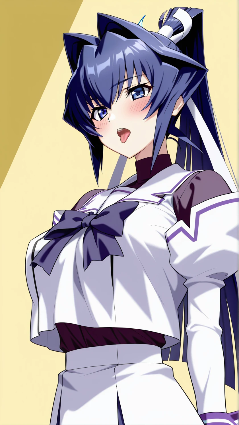 perfect quality, best quality, absolutely eye-catching, masterpiece, absurd res, ambient occlusion, raytracing, 1girl, solo, Meiya, perky breasts, school uniform, teeth, tongue, blush, Juliette sleeves, long sleeves, purple cuffs, overhang, purple undershirt