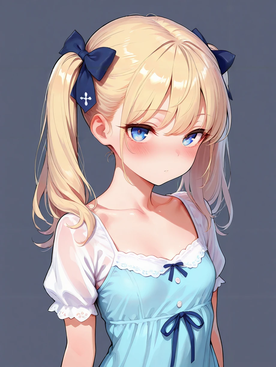 masterpiece,amazing quality,best quality,ultra-detailed,8K,illustration,CG,shiny hair,clear skin,ultra-detailed-eyes,simple background,cute girl, eyelashes,twintails <lora:hair ribbon_illustrious_V1.0:1> hair ribbon,dress,petite girl