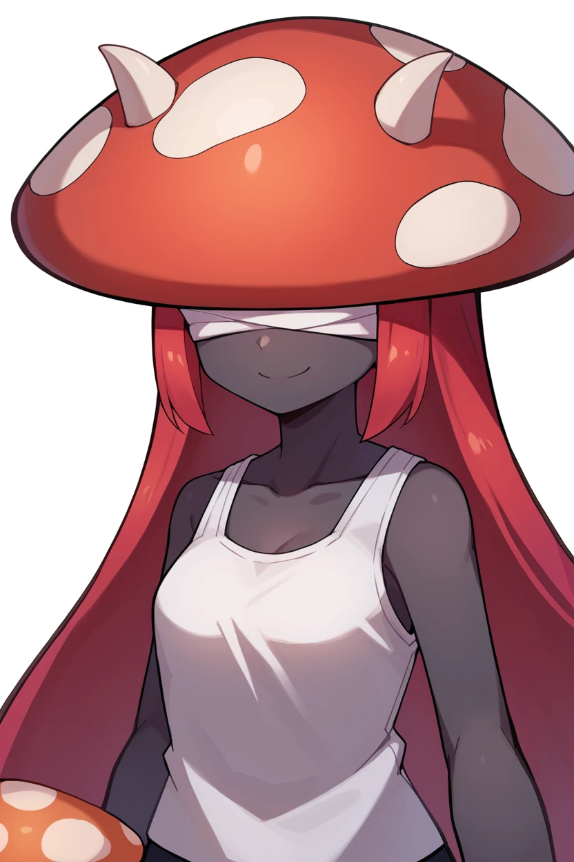 score_9, score_8_up, source_anime, BREAK 1girl,  solo, <lora:Lilith_-_Binding_of_Isaac:1>, l1lith, red hair, white blindfold, white horns, black skin, white tank top, upper body, (holding mushroom), giant mushroom, smile,