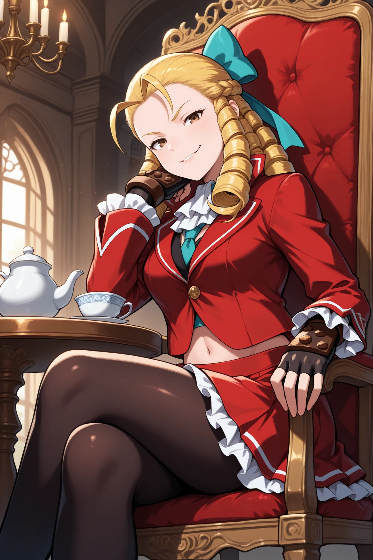 masterpiece, best quality, 1girl, solo,  <lora:kanzukikarin-illu-nvwls-v1-000005:1> sfkrn, blonde hair, hair pulled back, ringlets, antenna hair, brown eyes, hair bow, aqua bow, red jacket, white ascot, red skirt, frilled skirt, navel, fingerless gloves, black pantyhose, sitting, mansion, chandelier, smug, fancy chair, red chair, smirk, looking at viewer, teapot, table