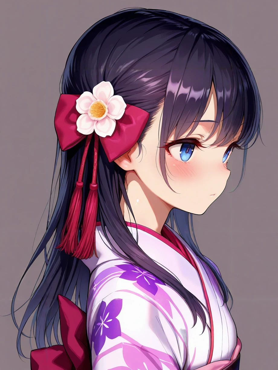 masterpiece,amazing quality,best quality,ultra-detailed,8K,illustration,CG,shiny hair,clear skin,ultra-detailed-eyes,simple background,cute girl, eyelashes<lora:hair ribbon_illustrious_V1.0:1> hair ribbon,kimono,flower,petite girl,from behind