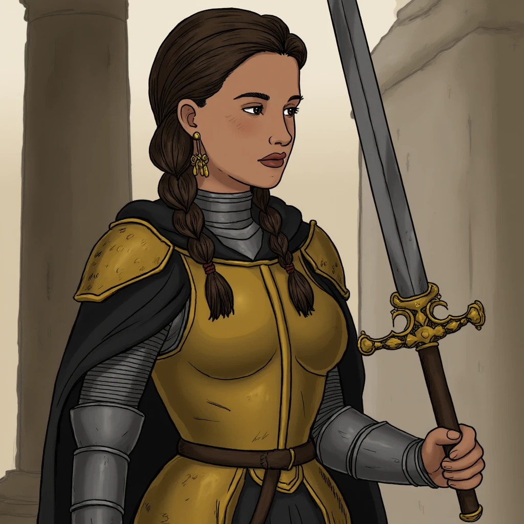 A detailed painting in the leaveastory_style depicting a young woman, likely in her early twenties, with fair skin and long, dark brown hair styled in two braids. She has a slender physique with medium-sized breasts, and is dressed in medieval-style armor that includes a chest plate with a high neckline, shoulder guards, and a black cape draped over her shoulders. Her armor is made of metallic plates, with a golden hue and intricate designs.

She is holding a large, ornate sword with a golden hilt, which she is raising to her right. Her expression is one of determination or focus, with her eyes closed and her lips slightly parted, as if she is concentrating on her task. She wears large, golden earrings that add to her regal appearance.

The background is an outdoor setting with stone walls and pillars. The lighting is soft and diffused, giving the scene a warm, muted tone that emphasizes the textures of the armor and the sword. The overall mood is one of strength and readiness, with a hint of vulnerability due to her closed eyes and serene expression.
