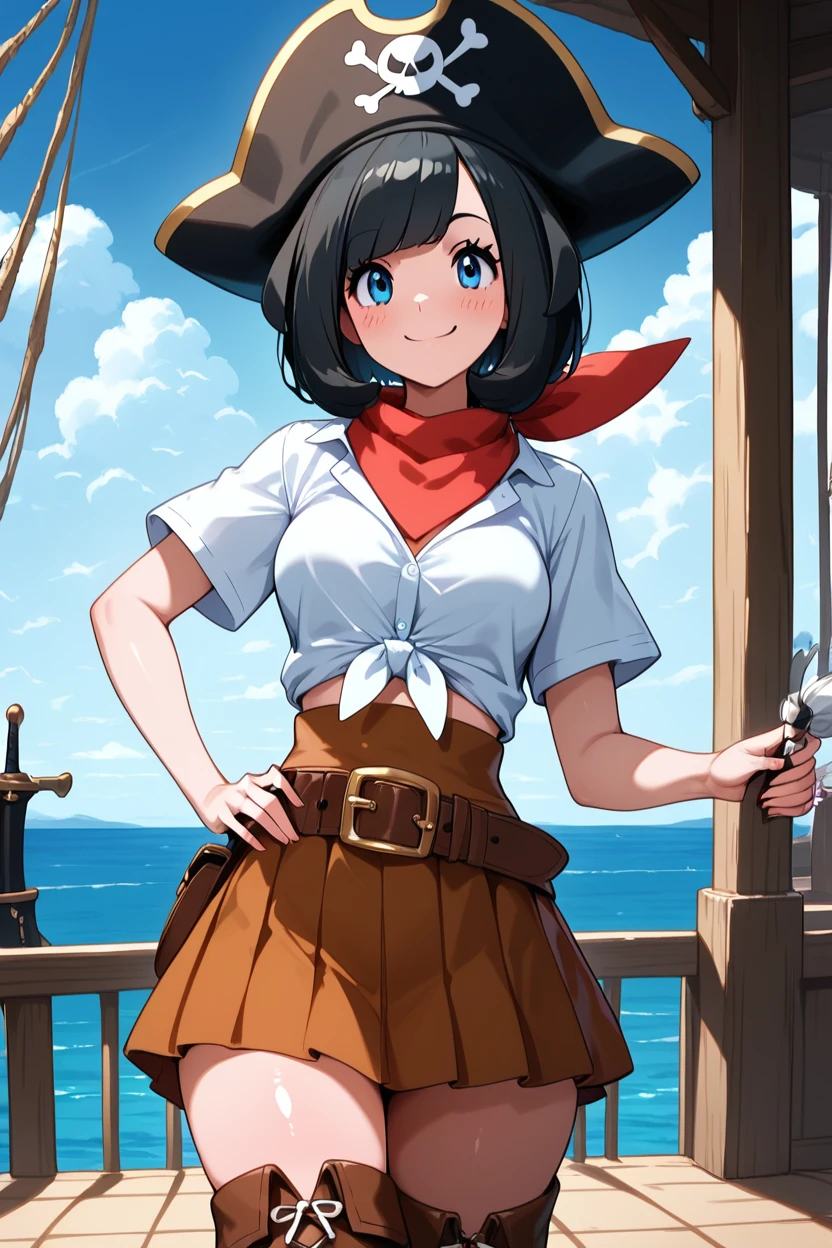 score_9, score_8_up, score_8, medium breasts, (curvy), cute, eyelashes,      ,,,  zzSSeleneCitron, blue eyes, black hair, short hair,  shirt, hat, white shirt, pirate hat, skirt, thighhighs, boots, belt, brown skirt,  <lora:SwashbucklerSelenePDXL:1.0>, BREAK, smile, looking at viewer, cowboy shot, ,,, outdoors, sky, day, cloud, tree, blue sky, sunny,  ,,, Expressiveh, ,,, <lora:Alola_Style_PDXL:0.8>, <lora:Expressive_H-000001:0.4>,