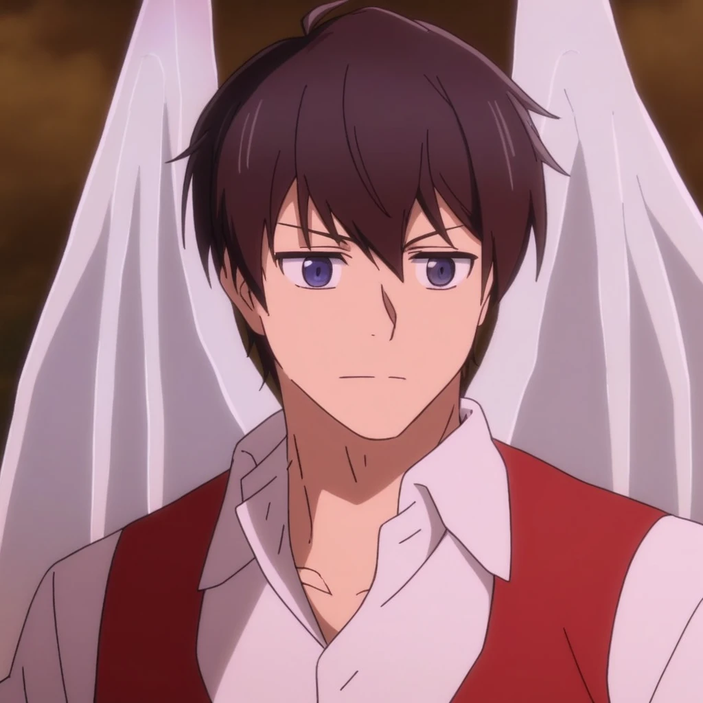 doran_ryu, best eyes, 1boy, male focus, solo, white collared shirt, red waistcoat, light blue wings,