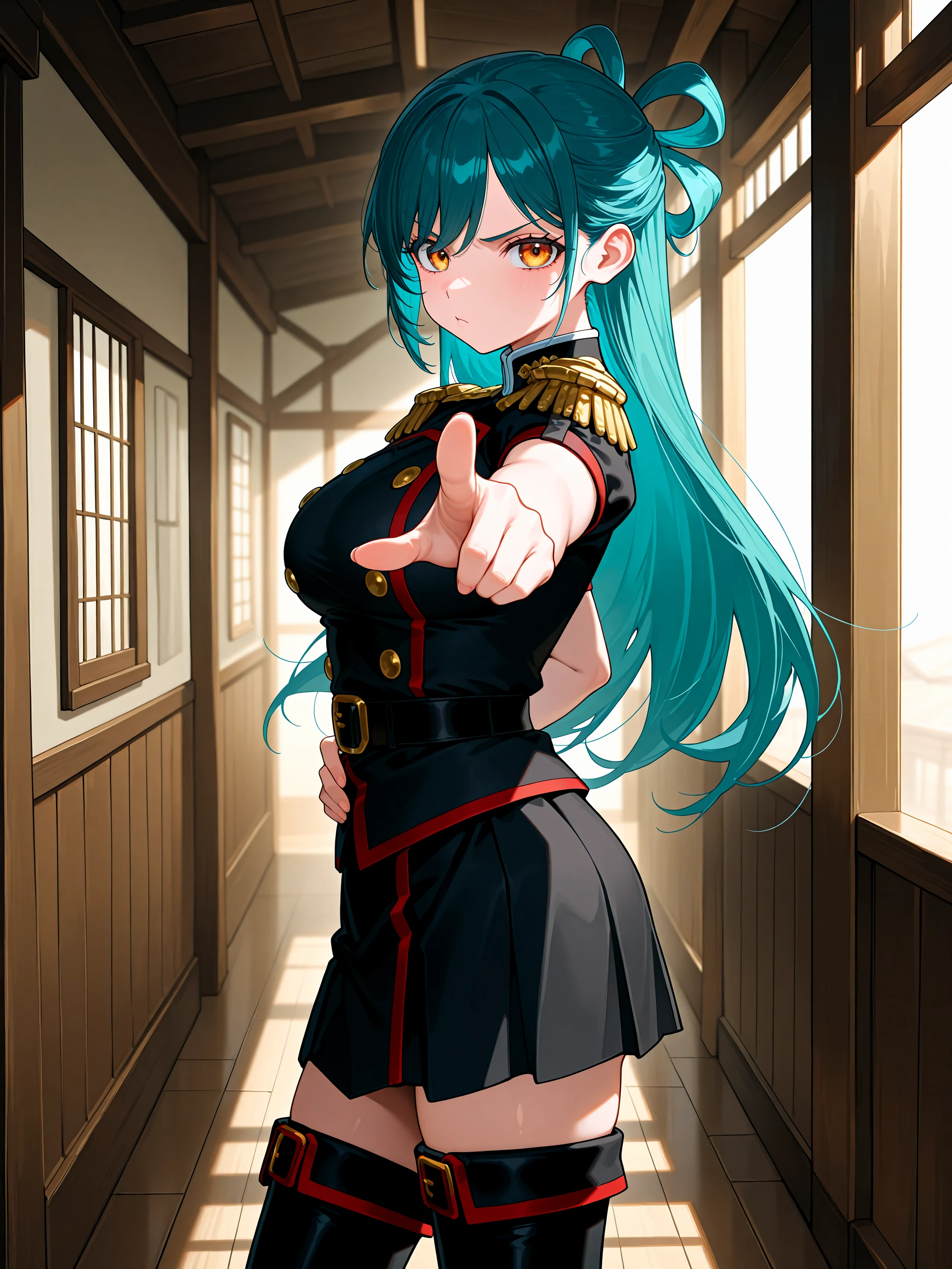 1girl, <lora:himari40:1>, himaazuma, black clothing, military uniform, epaulets, belt, skirt, thigh boots, looking at viewer, side view, pointing at viewer, pouting, upset, hand on hip,
sunny, volumetric lighting, indoor background, wooden house, hallway,
high resolution, ultra-detailed, absurdres, masterpiece, best quality, good quality, newest