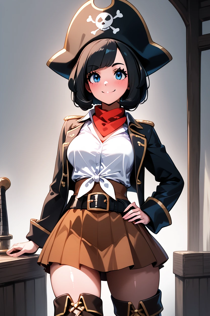 score_9, score_8_up, score_8, medium breasts, (curvy), cute, eyelashes,      ,,,  zzSSeleneCitron, blue eyes, black hair, short hair,  shirt, hat, white shirt, pirate hat, skirt, thighhighs, boots, belt, brown skirt,  <lora:SwashbucklerSelenePDXL:1.0>, BREAK, closed mouth, alternate costume, smile, looking at viewer, collared shirt, blush, sweater, black skirt, eyelashes, long sleeves, sleeves past wrists, plaid skirt, shoulder bag, black bag, blurry, tile floor, pleated skirt, white shirt, cowboy shot, ,,, embedding:zPDXL, Expressiveh, ,,, <lora:Vivid:0.7>, <lora:Uncensored_PonyXL_cpt_v02.09:0.4>, <lora:Expressive_H-000001:0.4>,