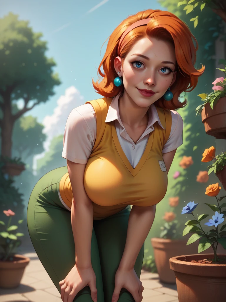 score_9, score_8_up, score_7_up, 1girl, dynamic pose, cowboy shot, light smile, looking at viewer, sexy pose, sexually suggestive, from below, leaning forward, garden, tree, sky, hands on her knees, detailed background,,
 <lora:ALindaFlynn_character:0.8>, LindaXL, orange hair, short hair, blue eyes, hairband, earrings, white shirt, yellow vest, lipstick, green pants,<lora:Realistic_2.5DAnime_Merge1:0.6>, cartoon, large breasts, , wide hips, thick thighs, dutch angle,