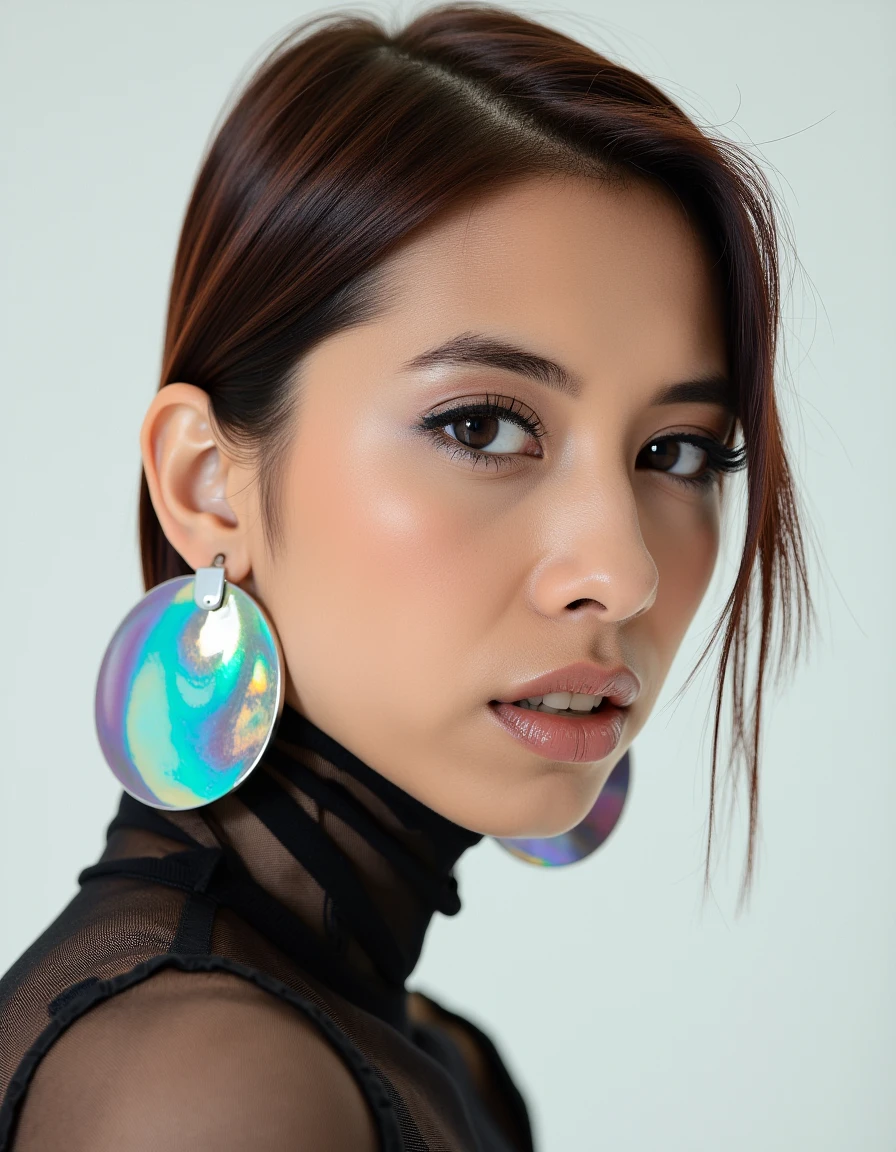 The reflective surfaces of her earrings and outfit create a dynamic interplay with the environment, emphasizing her sleek presence. The minimalist background allows the viewer to focus on her eye-catching fashion and makeup. Captured with a Sony A7R IV camera and a 50mm f/1.2 G Master lens for a beauty editorial shoot, this composition highlights her fashion-forward aesthetic. Inspired by avant-garde fashion photography from Sølve Sundsbø, this image blends contemporary fashion and minimalist elegance, embodying mythp0rt and niji_flux styles for a sleek, high-fashion vision. ((glow_skin, iridescent skin, oily skin, portrait))