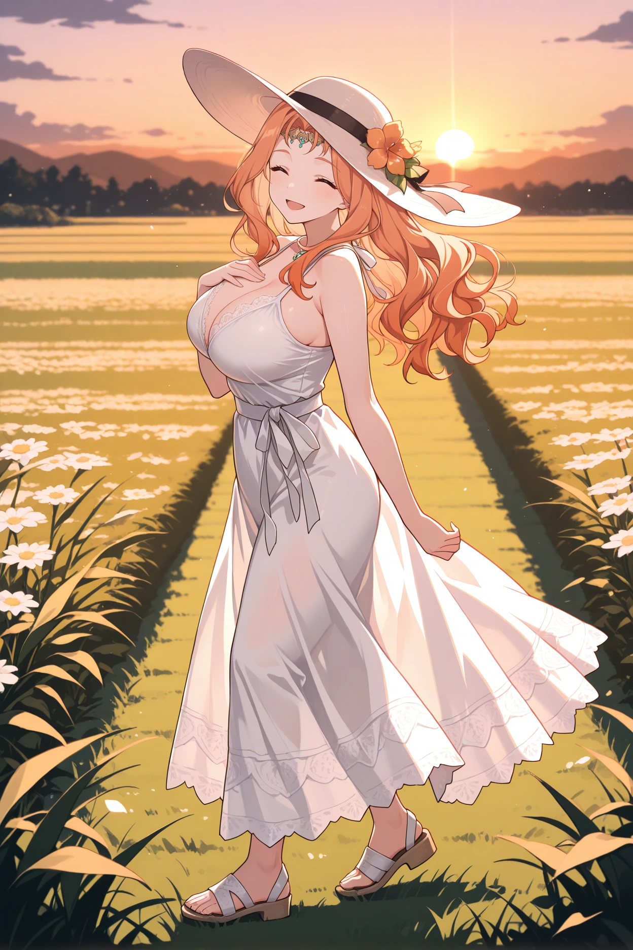 masterpiece, best quality, 1girl, solo, <lora:fecornelia-illu-nvwls-v2_1-000006:1> crnlia, orange hair, wavy hair, long hair, circlet, large breasts, white sundress, lace trim, looking at viewer, sandals, hair flower, sun hat, walking, from side, meadow, closed eyes, happy, sunset, hand on own chest, full body