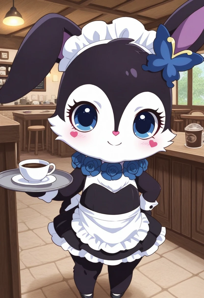 best quality, masterpiece, luea, feral, solo, blue eyes, rabbit, furry, rabbit ears, black fur, purple inner ear, white chest fur, white face, chibi, body fur, (blue butterfly hair ornament), (blue rose necklace), 1girl, looking at viewer, heart cheek, cafe, tray, maid outfit, maid headdress,