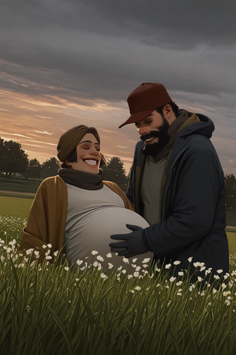 realistic shading, natural lighting, gay couple focus, looking at another, expressive face, smiling, DaPREGNANT, HanaTG, brown_HanaTG_headwear, black_HanaTG_2ndmale hair, closed eyes, 2ndboy, 1pregnant male, GinTG, black_GinTG_facial hair, black_GinTG_male hair, red_GinTG_hat, black eyes, 1stboy, hand on pregnant belly, shirt, turtleneck, scarf, romantic, outdoors, flowers, grass field, water, cloud, cloudy sky, tree, dutch angle, dynamic angle, atmospheric perspective, depth of field, intricately detailed illustration, depth of field, masterpiece, best quality, amazing quality, very aesthetic, absurdres, newest