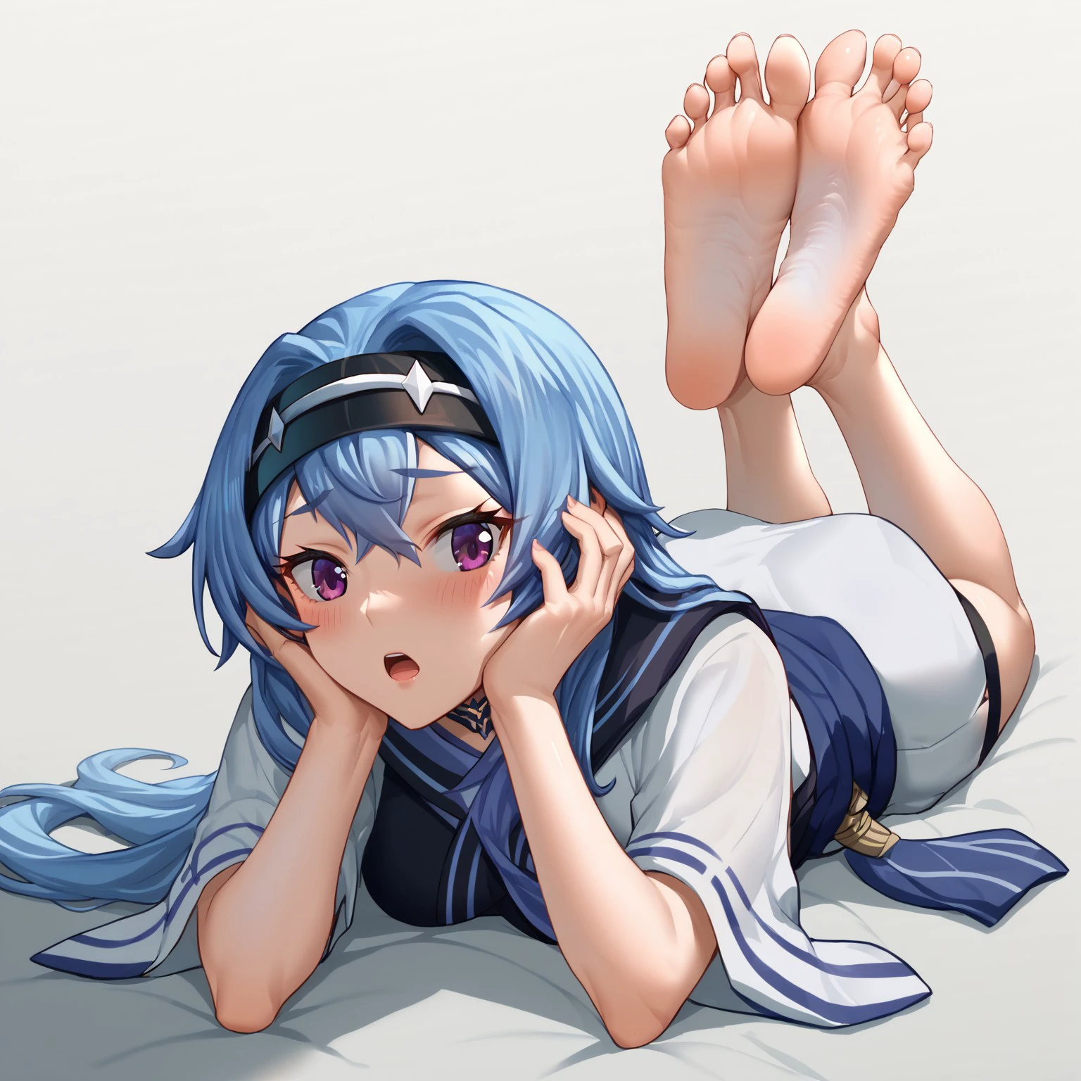 hiquality, hight resolution, ultra-detailliert, high-level image quality, hightquality, anime illustrated, (finely detailed beautiful eye: 1.2), Detailed eye depiction, (finely detailed eyes and detailed face:1.3), (extremely details CG, Best Shadow:1.1), Depth of field and blur, (Perfect Detail: 1.1) , digitial illustration, Enamel Art, Center, Watercolor painting, art stations, concept-art, character sheets, Lightning Wave, beautiful anime watercolors, Vibrant colors, Sharp Focus, art by:hyung tae kim, Fine detail, intricate detailes, Curvaceous body, Detailed eye depiction, Vibrant colors,((Nervous expression)) 1 girl, solo, purple eye, barefoot, closed mouth, left covering eye, bang covering left eye, hair on left eye, hair covered left eye, left eye hidden by hair, blue hair, simple background, looking at viewer, white t-shirt, two braids, bare shoulders, sitting, feet, bangs, toes,long sleeves, blush, blushing, bandages, soles, curly legs, ribbon on leg, long hair, shiny lips, shiny skin, scared, shiny hair, sunny day, dramatic lighting, official artwork, 8k, black mini shorts,
