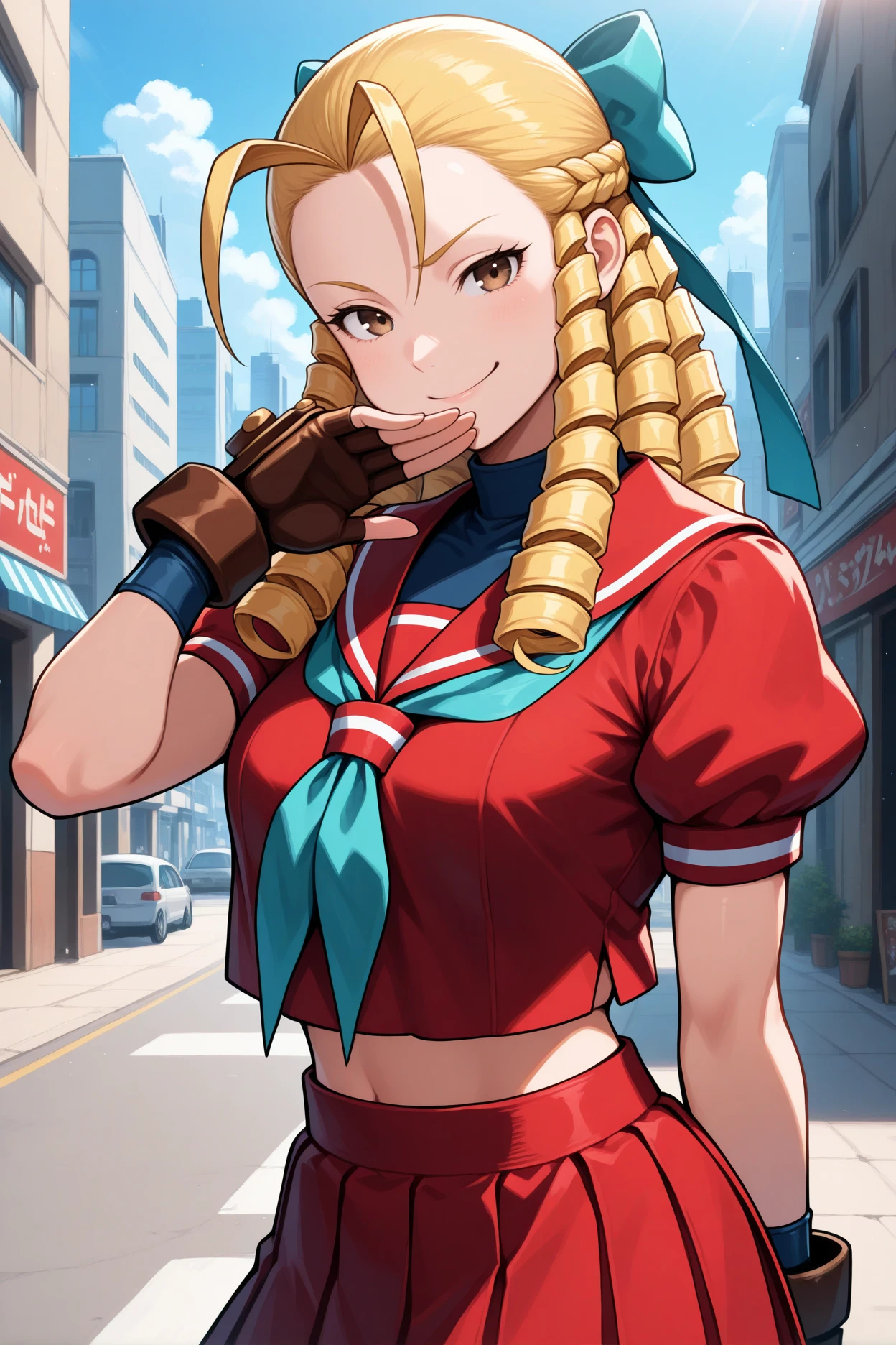 masterpiece, best quality, 1girl, solo, <lora:kanzukikarin-illu-nvwls-v1-000005:1> sfkrn, blonde hair, ringlets, hair pulled back, antenna hair, brown eyes, hair bow, aqua bow, red sailor collar, blue neckerchief, red shirt, puffy short sleeves, midriff, brown gloves, fingerless gloves, pleated skirt, red skirt, bike shorts under skirt, smug, looking at viewer, smile, upper body, blue sky, city street, smug, hand to own mouth