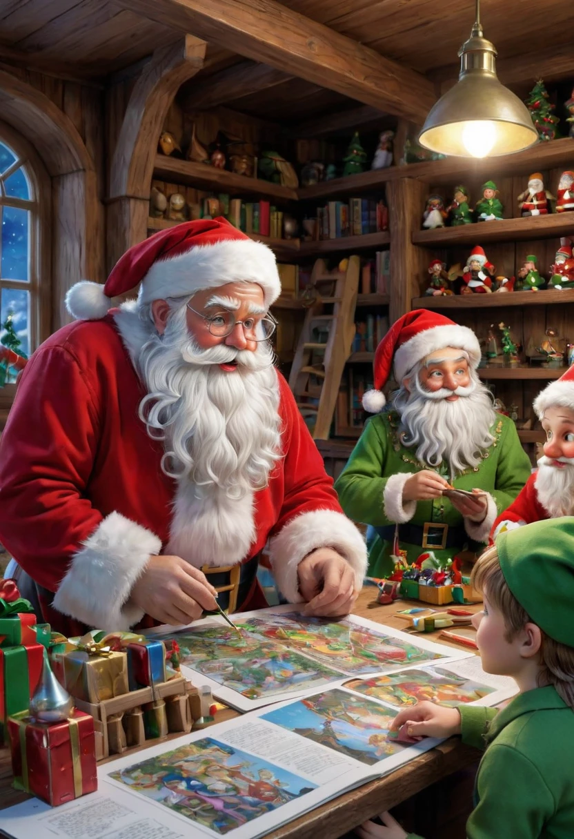 santafestivemood, portrait of Santa with elves working in the toy workshop, detailed storybook illustration, comic, anime, iridescent colors, highly detailed beautiful details, intricate and ornate, masterpiece, best quality, clean sharp outlines, extremely high contrast, (clean sharp focus:1.4), SFW