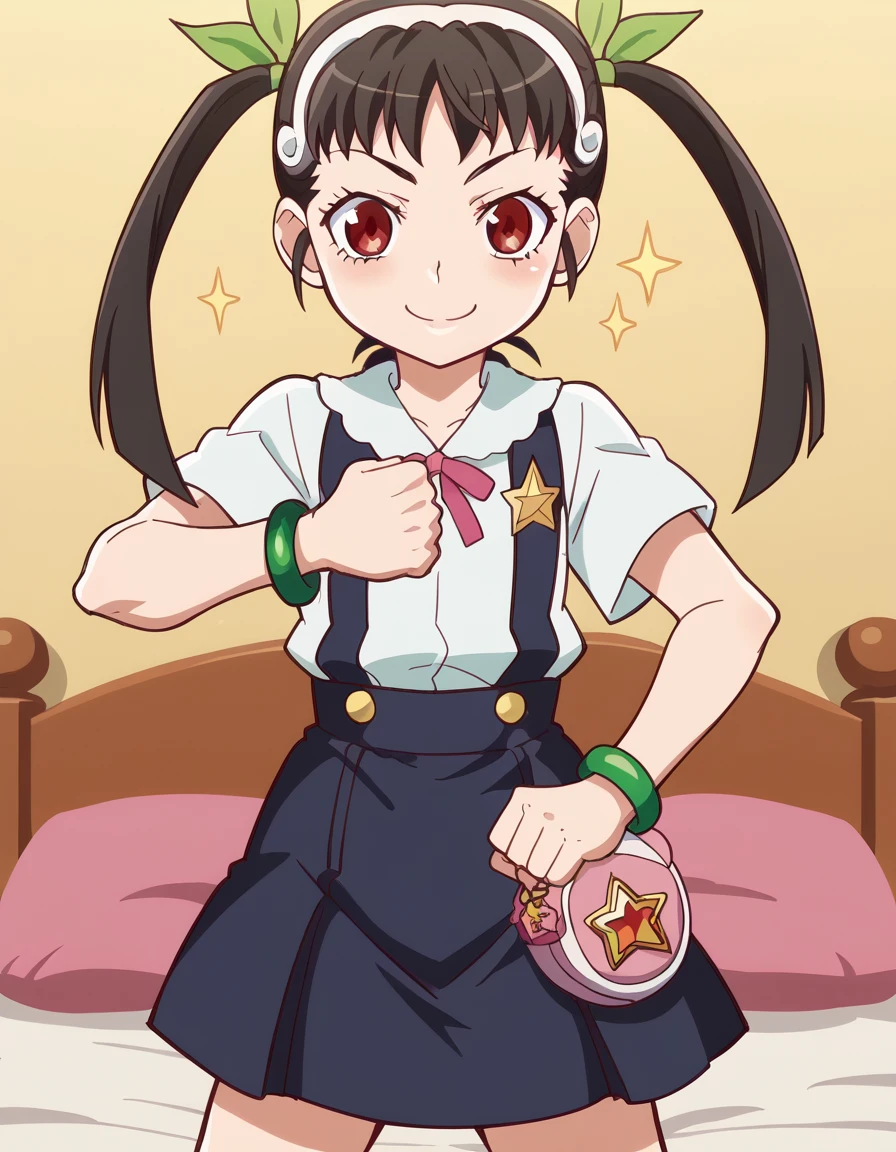 score_9, score_8_up, score_7_up, source_anime, <lora:mayoi-hachikuji-offmonster-ponyxl-lora-nochekaiser:1>, mayoi hachikuji, long hair, black hair, red eyes, ribbon, twintails, hair ribbon, hairband, anime screencap, skirt, jewelry, bag, star (symbol), bracelet, suspenders, green ribbon, suspender skirt,, bedroom, alarm clock, morning routine, yawning, stretching, on bed, smile, <lora:giorno-giovannas-pose-ponyxl-lora-nochekaiser:1>, giorno giovannas pose, giorno giovanna's pose (jojo), jojo pose, hand up, arm up, clenched hand, hand on waist, blush, shirt, smile, bed room, cowboy shot, looking at viewer, solo,, dutch angle, cowboy shot