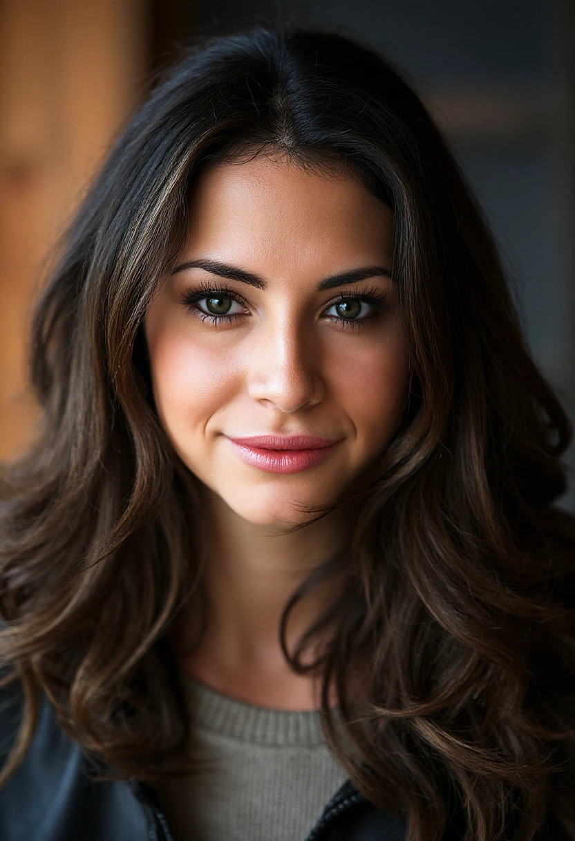 the image is a high-quality professional  close-up photograph of  beautiful hopedworaczyk .  She is wearing outerwear. She is looking directly at the viewer and smiling. The background is stage. This photo is a headshot. Shot with small amount of film grain. This is a SFW image. 