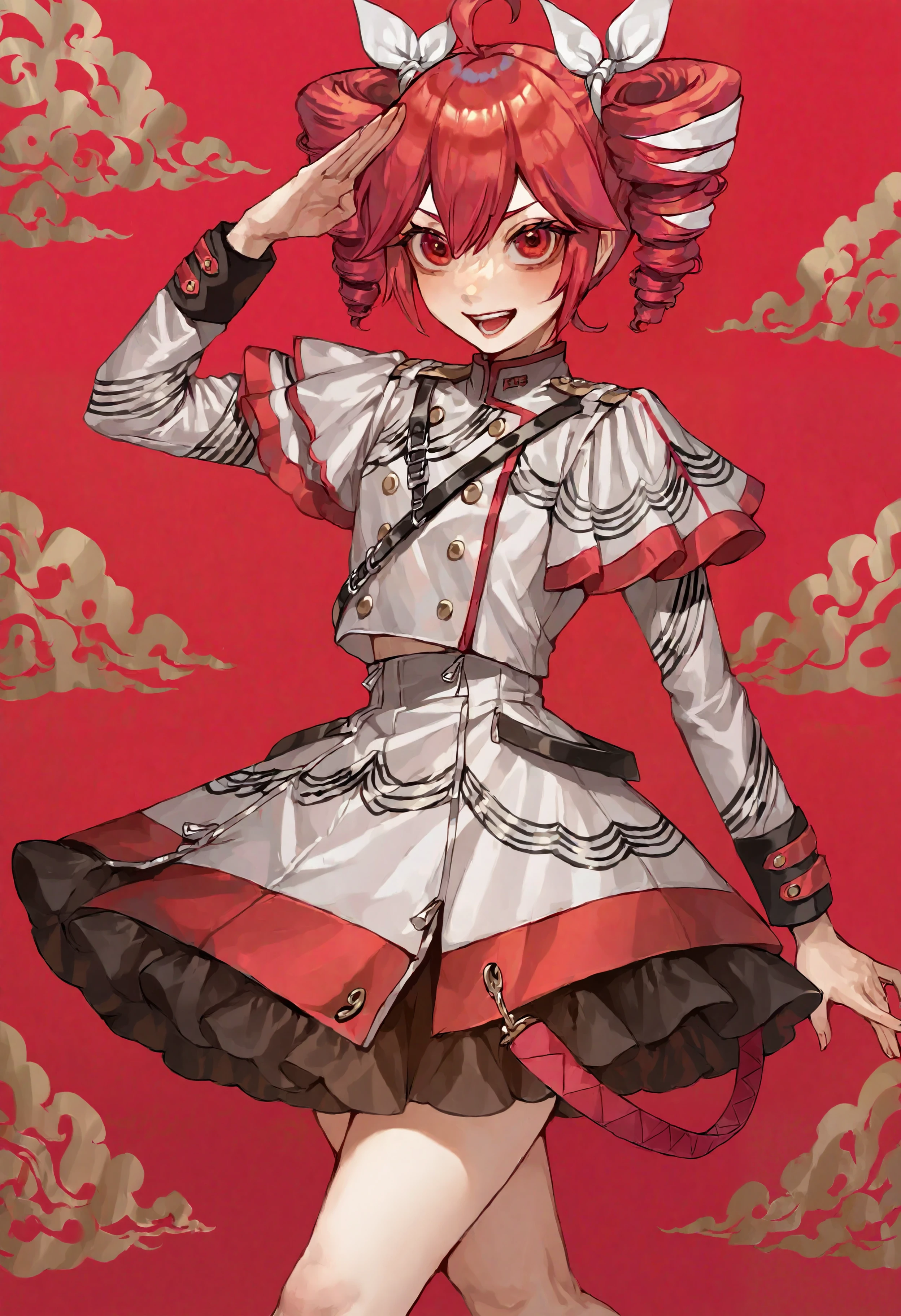 masterpiece, highres, absurdres, newest, very awa, simple background, red background, pattern background, ribbon background,  1girl, kasane teto (sv), white hair ribbon, red hair, drill hair, twin drills, red eyes,   salute, from the side, walking, one leg up,   <lora:sakauchi_waka:0.8>, <lora:spo_sdxl_10ep_4k-data_lora_webui>, <lora:ponyv5_noobV065S_1_adamW-000013:0.7>