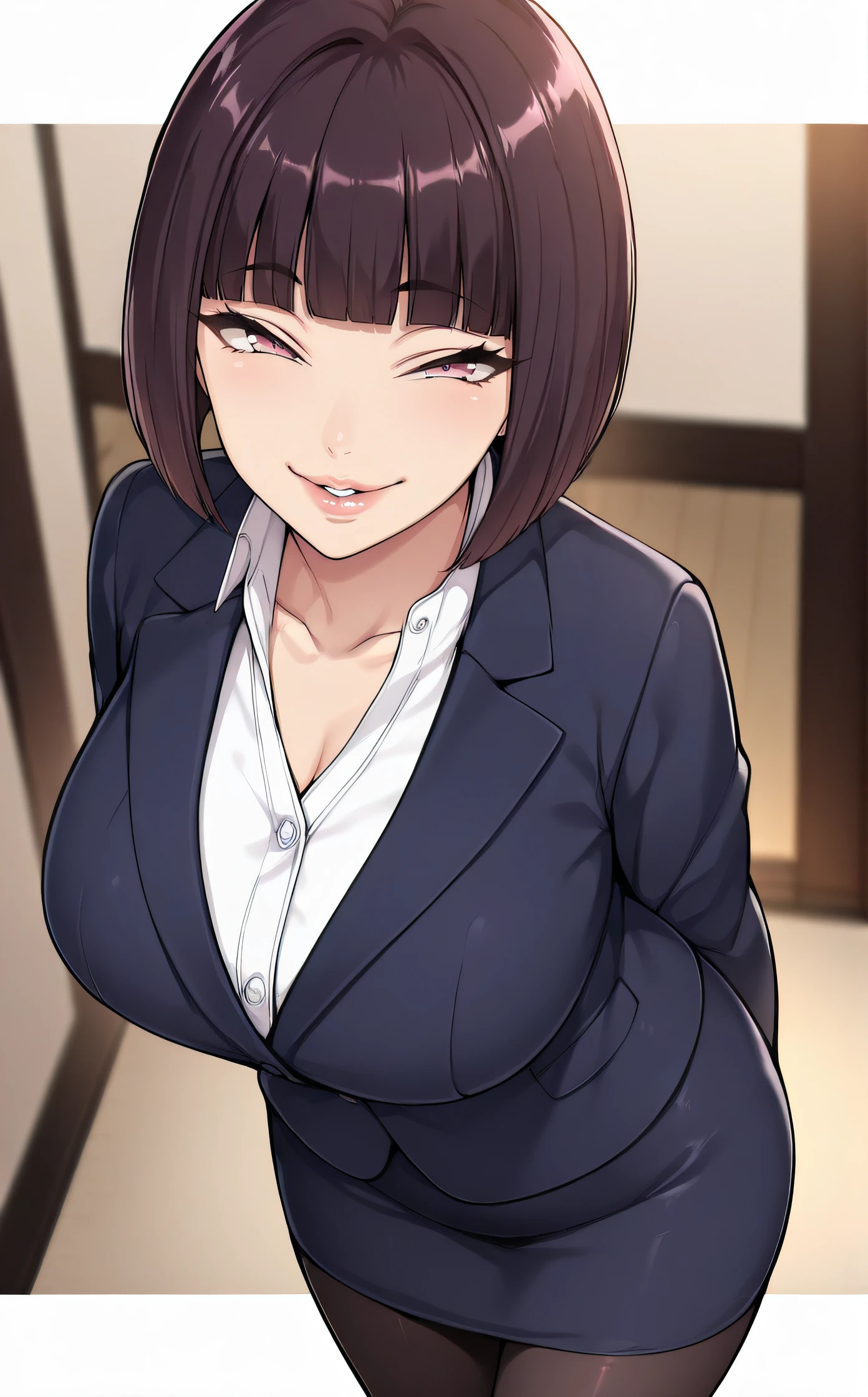 masterpiece, best quality, highres, newest, scenary, 1girl, solo, official style, <lora:IL_Itsuki_Shima:1>, itsukishima, pink eyes, large breasts, collarbone, detailed lips, blue blazer, blue pencil skirt, black pantyhose, smile, indoor, looking at viewer, cowboy shot, naughty face, arms behind back, from above, parted lips