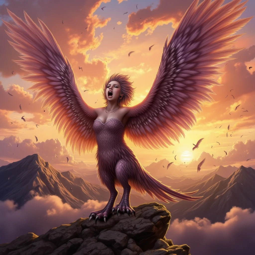 Ultra detailed textures, dark fantasy style, dark style anime, harx, harpy creature, half woman, half bird, harpy with delicate features, perched on a mountain peak, singing with an open beak, sunrise colors painting the horizon, soft golden light illuminating feathers, dynamic close-up angle from below, atmospheric clouds framing the scene, serene and uplifting mood