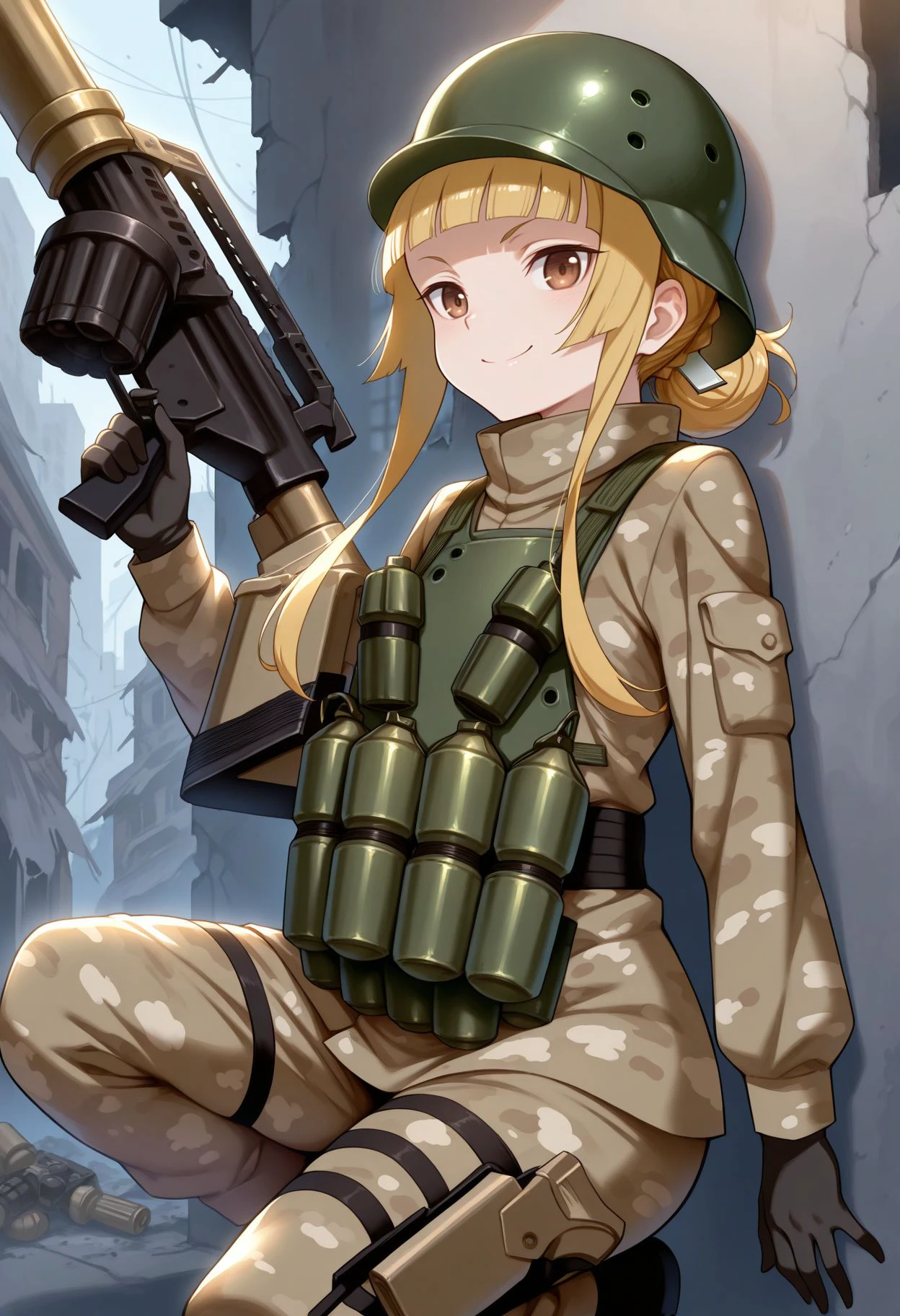 masterpiece, best quality,    <lora:Sao Fuka v2:1> fuka (sao), 1girl, blonde hair, brown eyes, long hair, sidelocks, blunt bangs,  helmet, short, military uniform, holster, camouflage jacket, black gloves, long sleeves,  holding weapon, grenade launcher, squat, against a wall , ruined building, looking the viewer, smile,