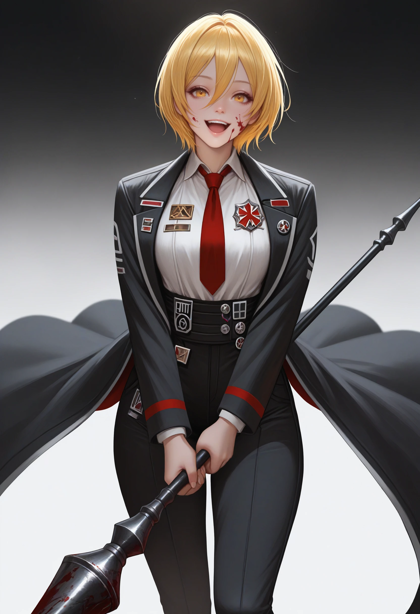 masterpiece, best quality, realistic, solo, 1girl, d0nquix0tedef, blood on face, :d, looking at viewer, standing, holding weapon, holding polearm, two-handed, lance, short hair, blonde hair, hair between eyes, yellow eyes, black coat, open coat, badge, long sleeves, white shirt, collared shirt, red necktie, black pants, high-waist pants, gradient background
<segment:yolo-Anzhc Face seg 640 v2 y8n.pt,0.4,0.5//cid=1>