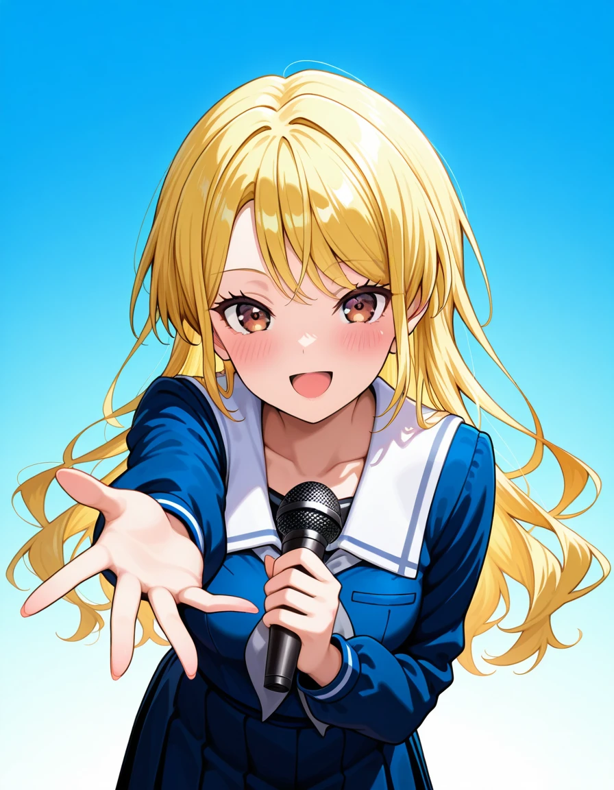 <lora:Morfonica_noobXL:1>, kirigaya toko, 1girl, solo, tsukinomori school uniform, smile, school uniform, pleated skirt, shirt, long sleeves, white sailor collar, blue skirt, reaching towards viewer, holding microphone, blue serafuku, blue shirt, looking at viewer, collarbone, blush, standing, grey neckerchief, gradient background, singing, breasts,, very awa, masterpiece, best quality, highres, absurdres, newest,