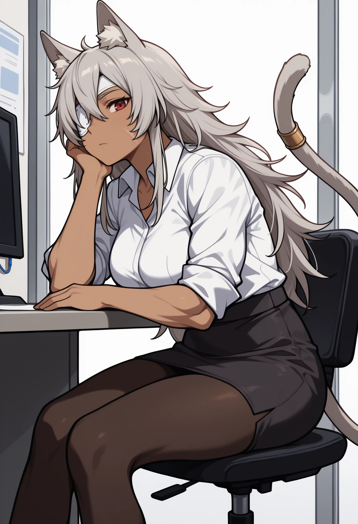 masterpiece, best quality, feet out of frame, solo, 1girl, ghslnrnd, dark-skinned female, cat tail, tail ring, muscular female, scar on cheek, expressionless, looking at viewer, sitting, swivel chair, head rest, long hair, grey hair, hair between eyes, sidelocks, animal ears, animal ear fluff, red eyes, eyepatch, white shirt, collared shirt, sleeves rolled up, black skirt, pencil skirt, black pantyhose, indoors, office, cubicle, table
<segment:yolo-Anzhc Face seg 640 v2 y8n.pt,0.4,0.5//cid=1>