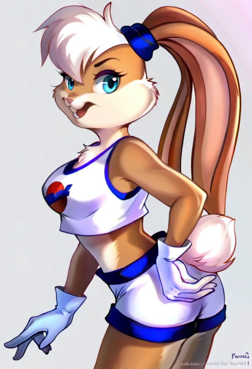 best quality, masterpiece, Felicia_CatStyle-IL-V1.0, lolbn, 1girl, solo, rabbit ears, rabbit tail, furry, blue eyes, crop top, buck teeth, hair tie, white gloves, shorts, midriff