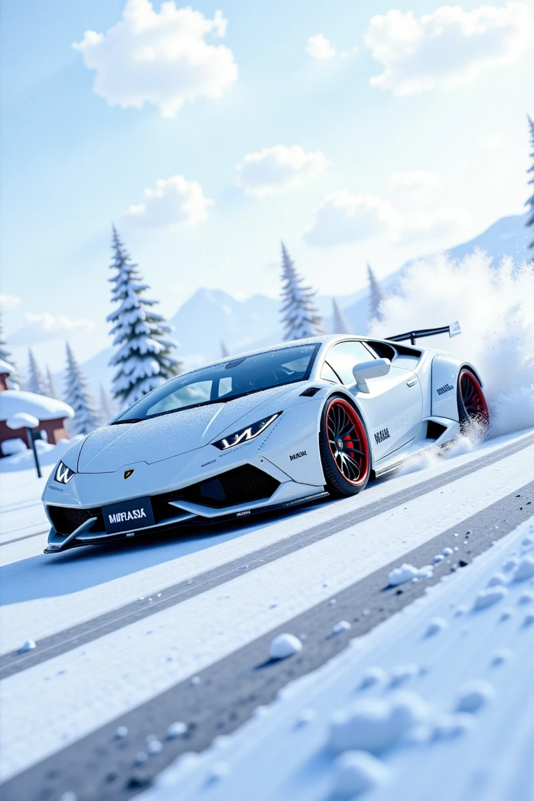 A Lamborghini roars down a snowy highway in Zootopia, snowflakes swirling around it like diamonds dancing on the wind. The sleek car's tires leave tracks in the fresh powder as it speeds by, a dashing figure in a winter wonderland. Snow-crystals glinting on the hood and windshield, the vehicle's design pops against the pristine white backdrop.