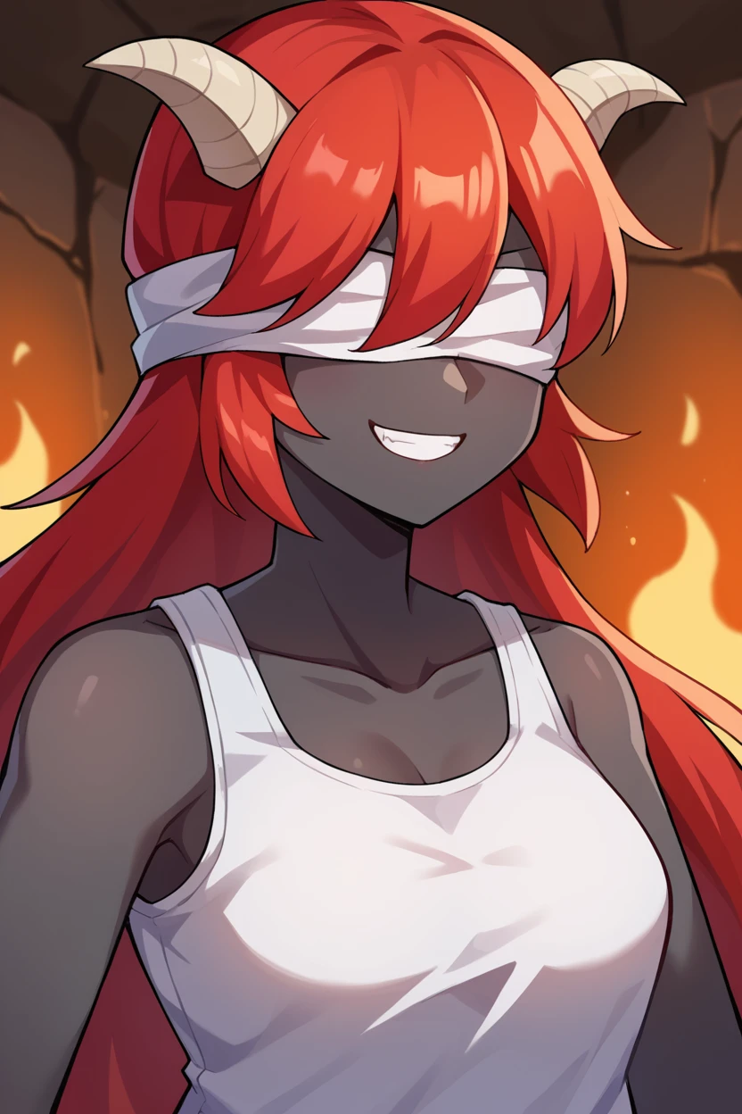 score_9, score_8_up, source_anime, BREAK 1girl, <lora:Lilith_-_Binding_of_Isaac:1>, l1lith, white blindfold, white horns, black skin, red hair, smile, white tank top, hell, fire, smile, upper body,