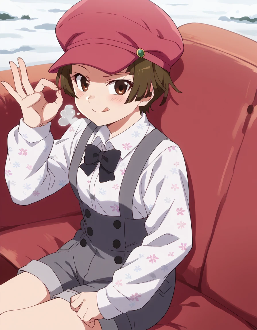 score_9, score_8_up, score_7_up, source_anime, <lora:nadeko-sengoku-offmonster-ponyxl-lora-nochekaiser:1>, nadeko sengoku, anime screencap, very short hair, brown hair, shirt, long sleeves, hat, bow, brown eyes, white shirt, shorts, bowtie, black bow, black bowtie, cabbie hat,, snow day, winter clothes, snowball fight, laughter, cold breath, white landscape, , <lora:money-gesture-ponyxl-lora-nochekaiser:1>, money gesture, blush, sitting, couch, arm support, smile, tongue out, knee up, from above, looking at viewer, solo,, dutch angle, cowboy shot